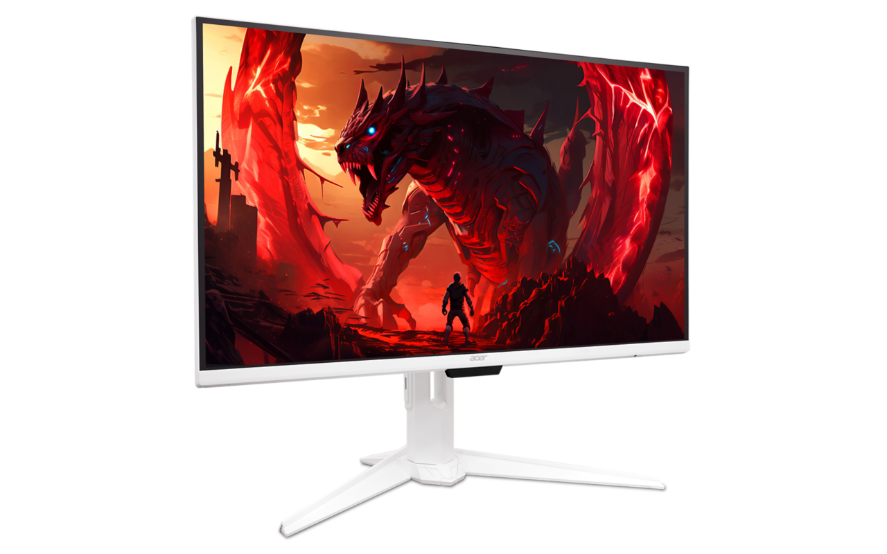 Az Acer monitor egy sárkányt és egy figurát ábrázoló fantasy jelenetet jelenít meg. A monitor fehér. A háttér narancssárga és piros.