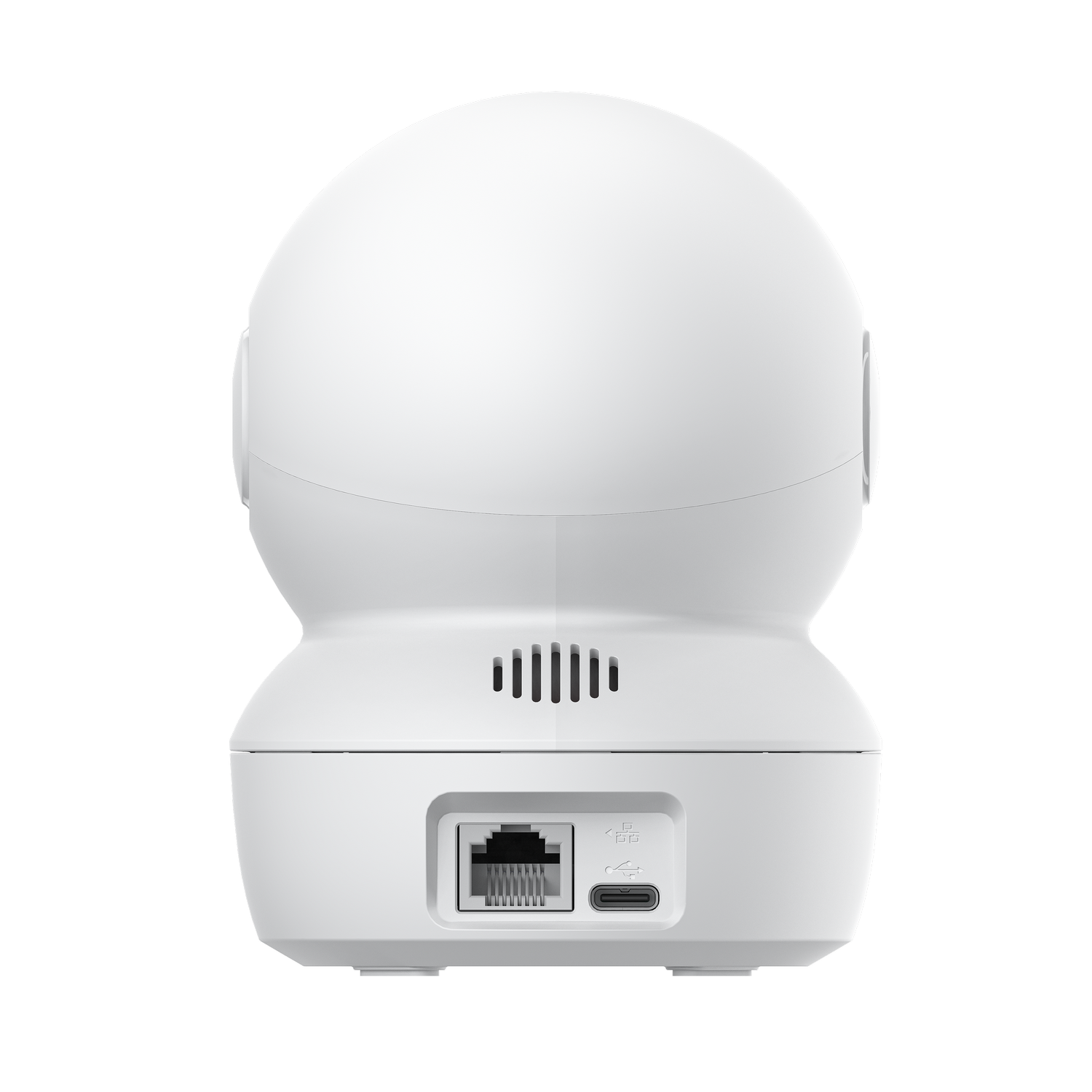 Una cámara de seguridad blanca con parte superior redondeada y base rectangular. Tiene puerto Ethernet, puerto USB-C y rejillas de altavoz.