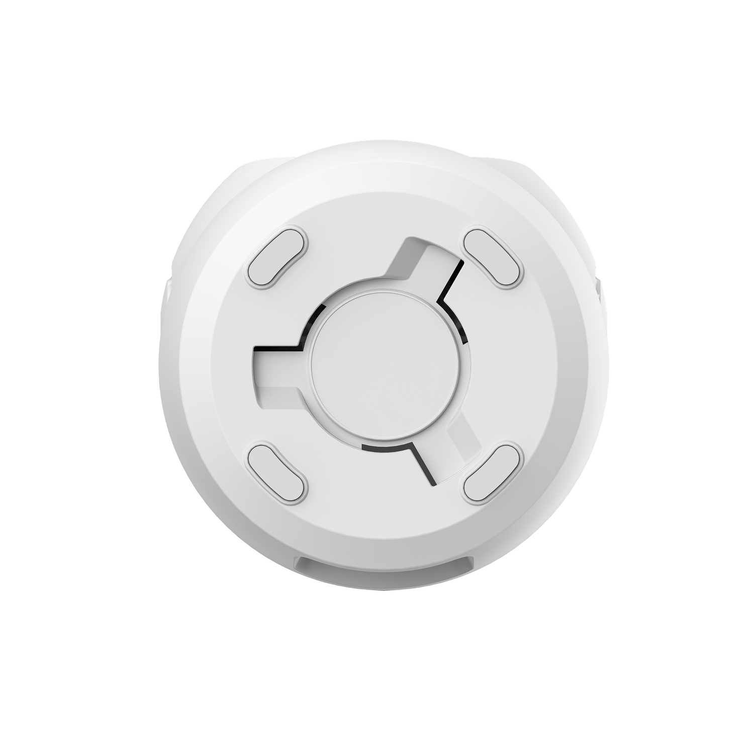 Un dispositivo blanco y circular con un elemento central circular y cuatro botones ovalados. El fondo es gris liso.