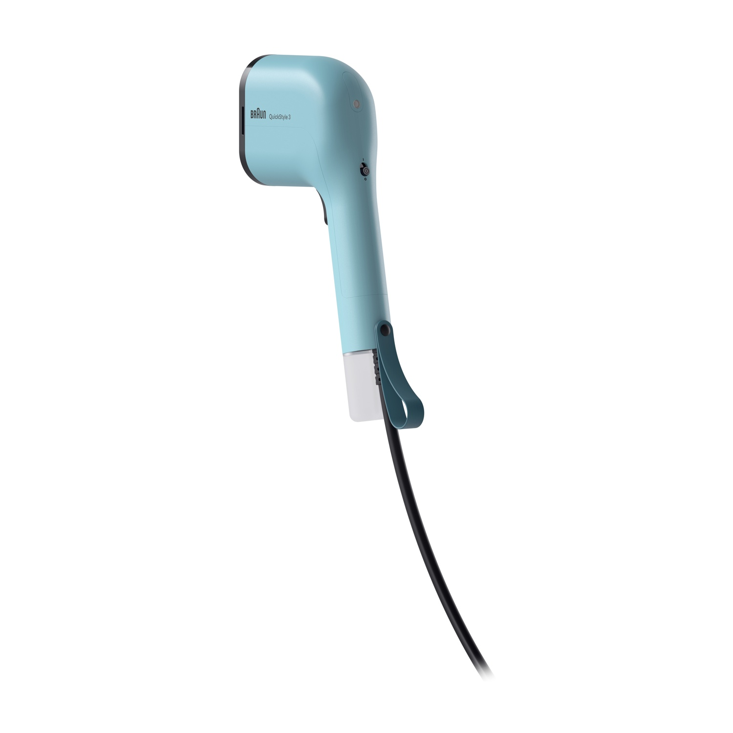 Un arricciacapelli Braun QuickStyle 3 azzurro con cavo nero. Su sfondo bianco. L'arricciacapelli ha un anello e un'etichetta bianca.