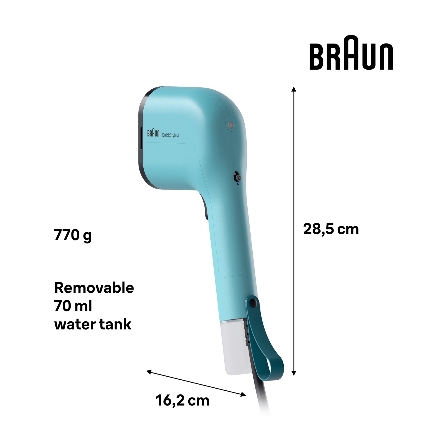 Uno steamer per indumenti Braun QuickStyle 3 color turchese. Misura 28,5 cm di altezza e 16,2 cm di larghezza. Pesa 770 g e ha un serbatoio da 70 ml.
