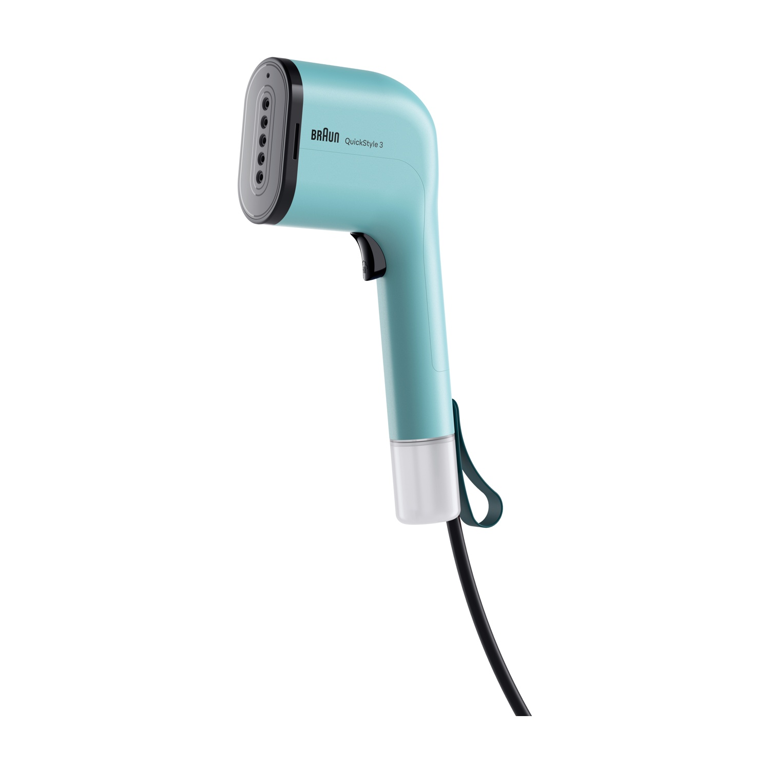 Un vaporizzatore per indumenti Braun QuickStyle 3 turchese. Ha un manico nero, una base bianca e un cavo di alimentazione nero.