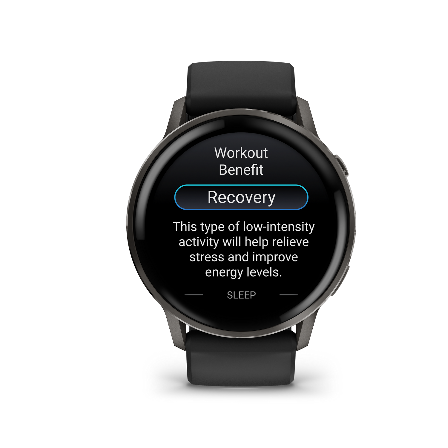 Una pantalla de reloj inteligente muestra 'Workout Benefit' y 'Recovery'. El texto explica que la actividad alivia el estrés y mejora la energía.