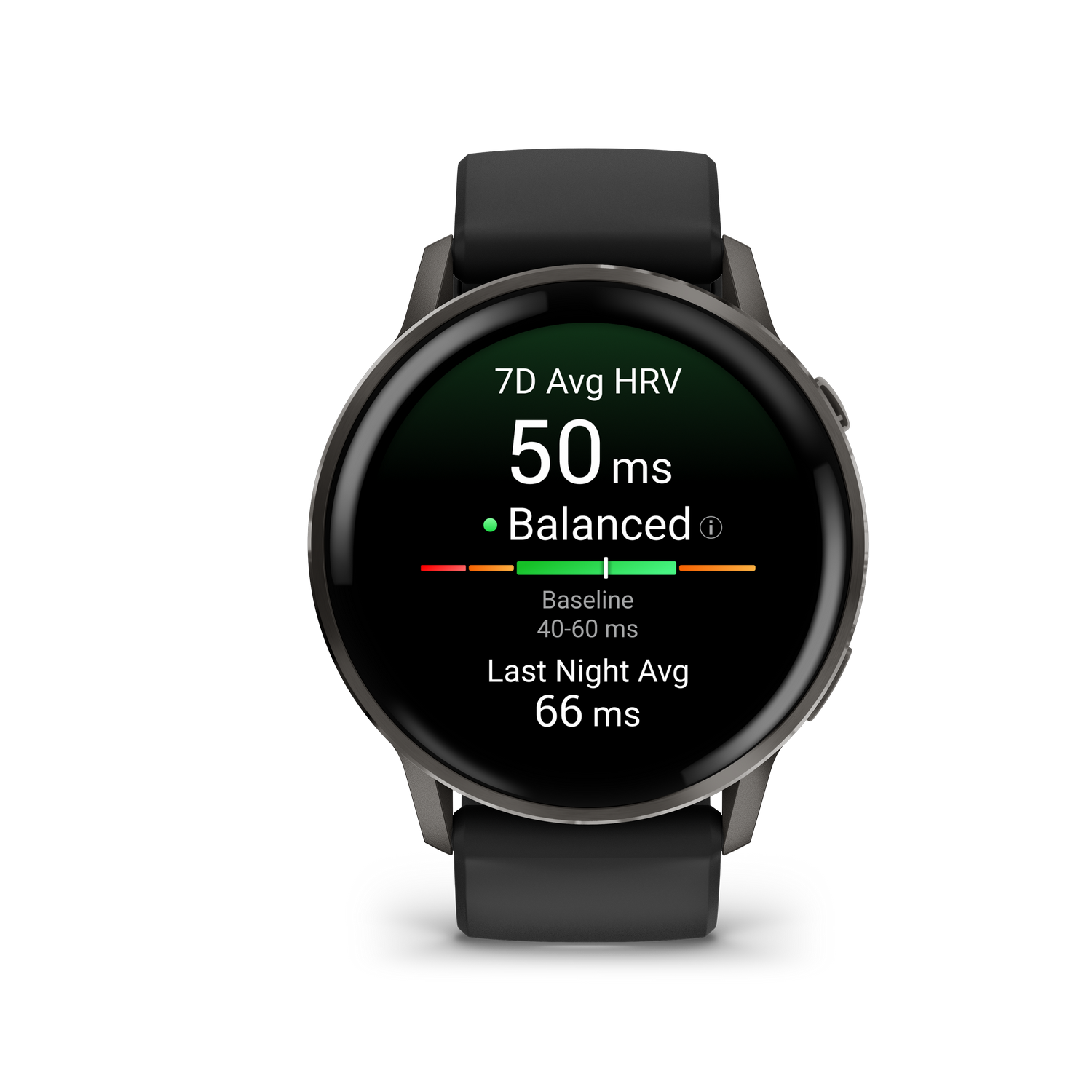 Un reloj inteligente muestra 7D Avg HRV de 50 ms, etiquetado como 'Equilibrado'. La pantalla muestra una línea base verde entre 40-60 ms.