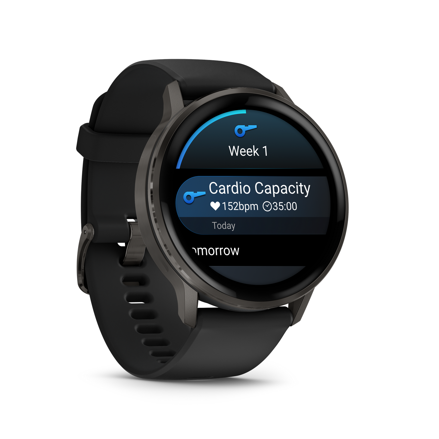 Un reloj inteligente negro muestra 'Cardio Capacity' con frecuencia cardíaca y tiempo. La pantalla muestra 'Semana 1' y 'Hoy' sobre fondo gris.