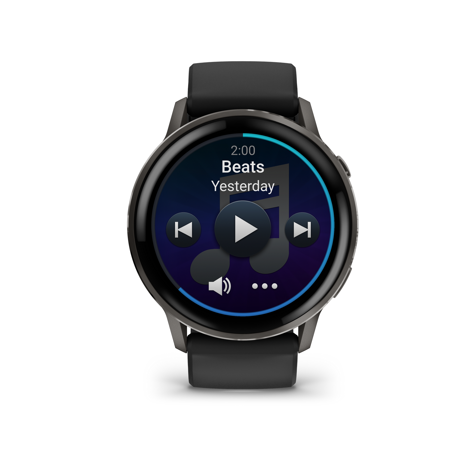 Un reloj inteligente muestra una interfaz de reproductor de música. La pantalla muestra información de la canción, controles de reproducción/pausa, salto y volumen.