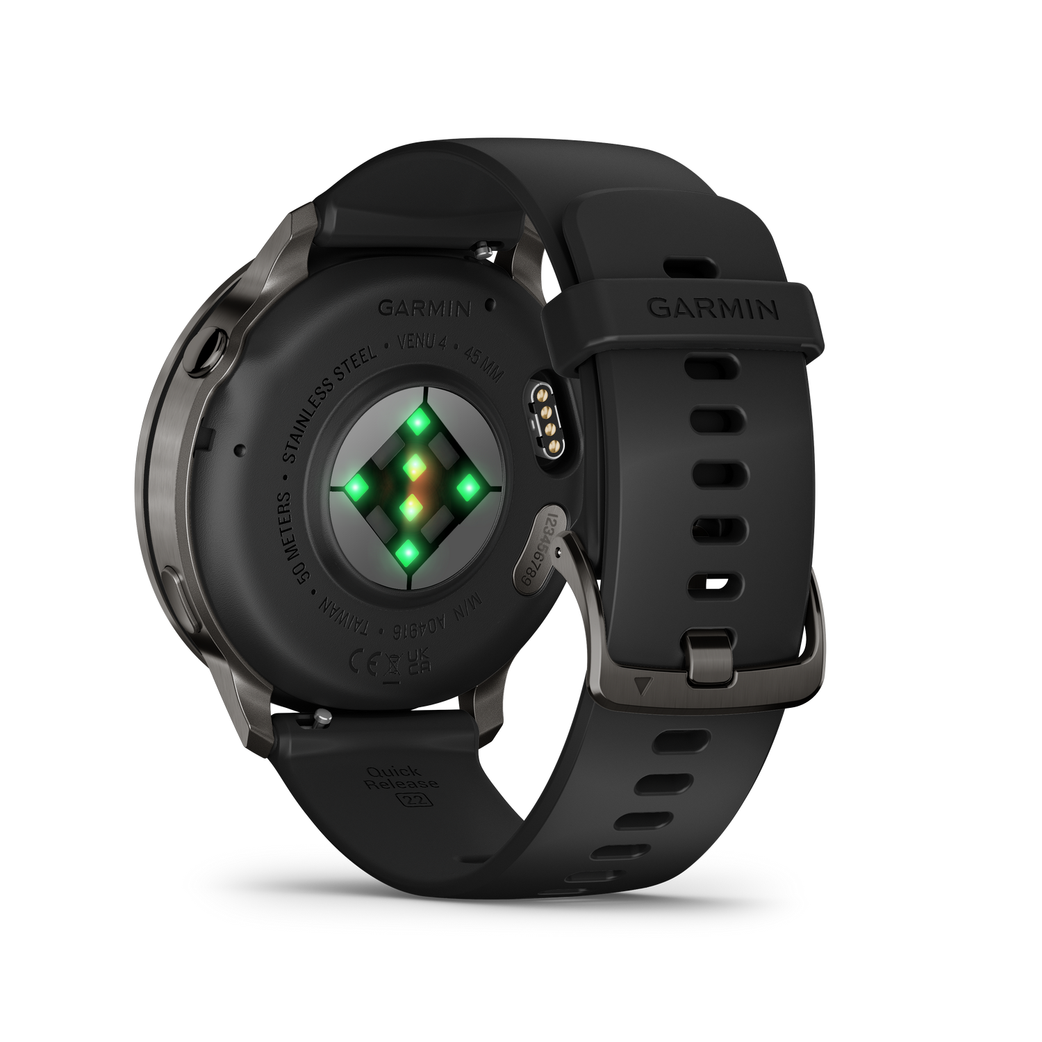 Reloj inteligente Garmin Venu 4 negro. Muestra la parte trasera con sensor de frecuencia cardíaca y correa negra. Bisel y hebilla de acero inoxidable.