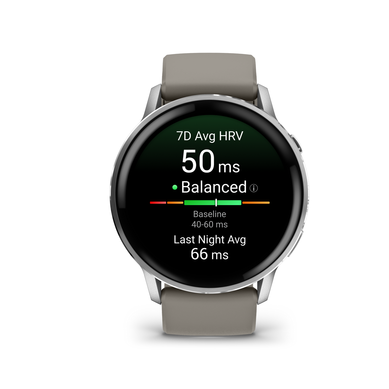 Un reloj inteligente muestra una lectura de VFC de 50 ms, etiquetada como 'Equilibrado'. Muestra una línea base de 40-60 ms y un promedio de anoche de 66 ms.