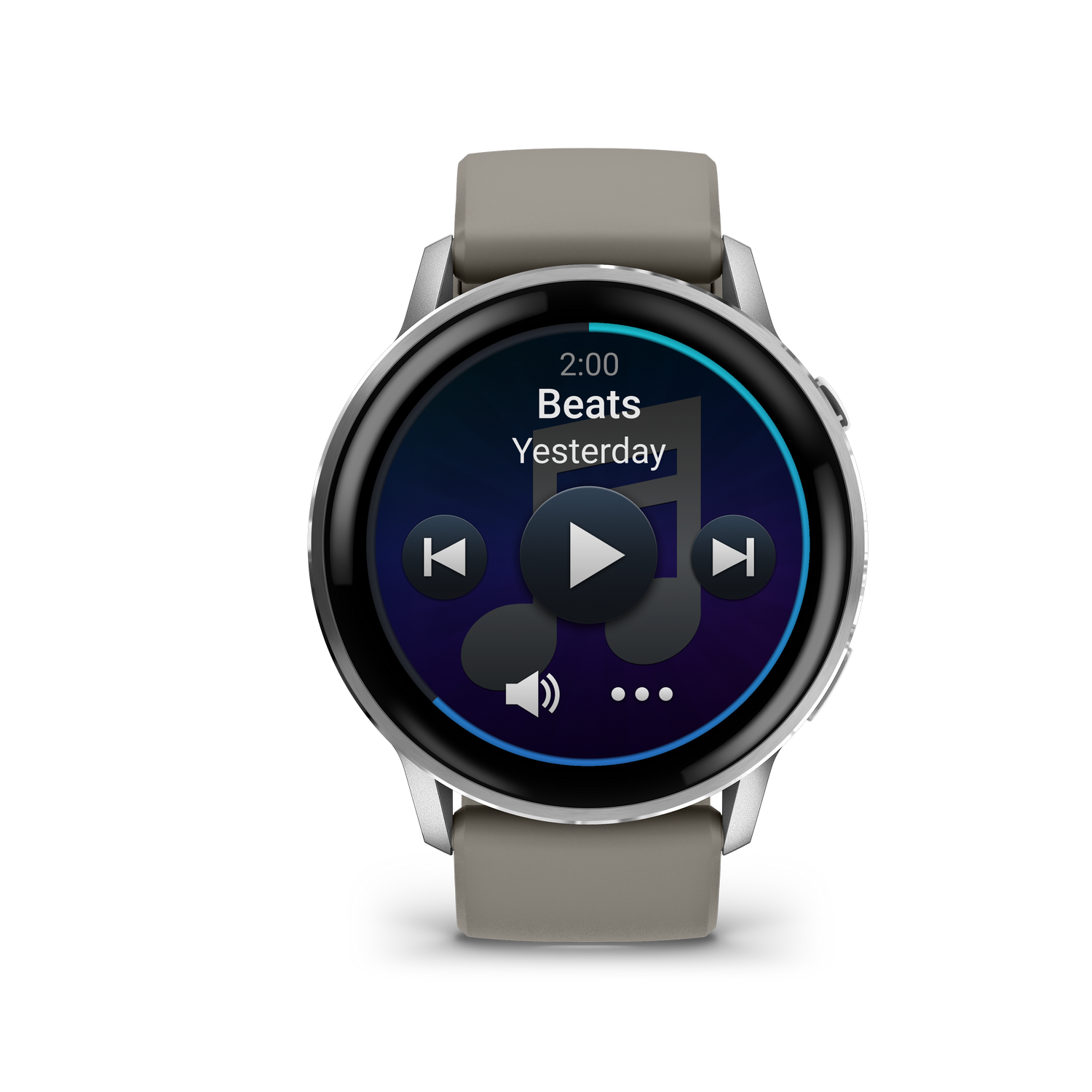 Un reloj inteligente muestra controles de música. La pantalla muestra 'Beats' reproduciéndose. El reloj tiene correas grises y una base negra. El fondo es gris.
