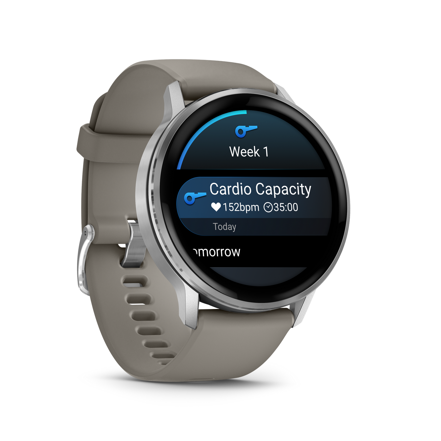 Un reloj inteligente muestra 'Capacidad Cardio' con frecuencia cardíaca y tiempo. El reloj tiene correa gris y caja plateada, sobre fondo gris.