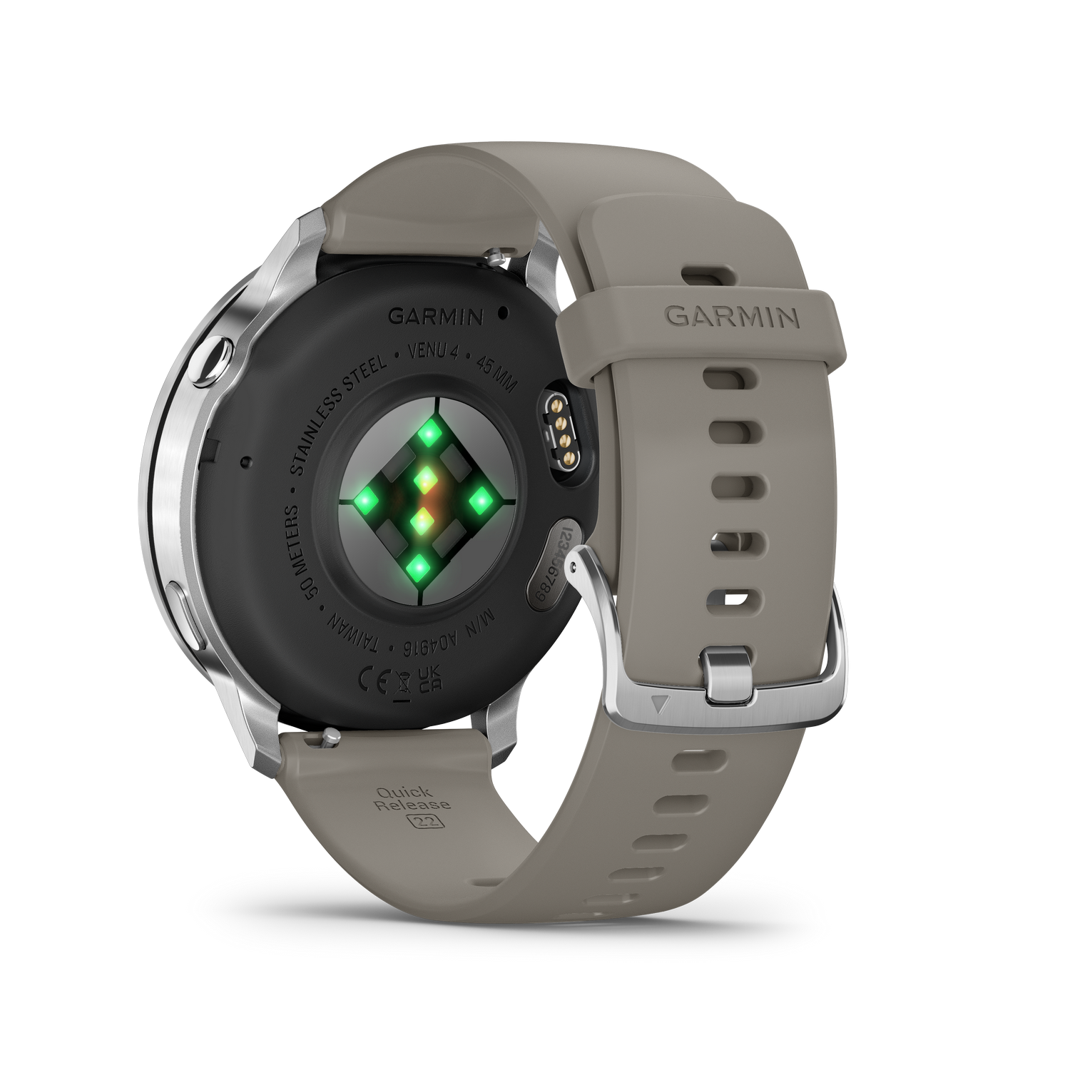 Una vista trasera del smartwatch Garmin Venu 4. El reloj tiene una correa gris, marco de acero inoxidable y sensores. La parte trasera es negra.