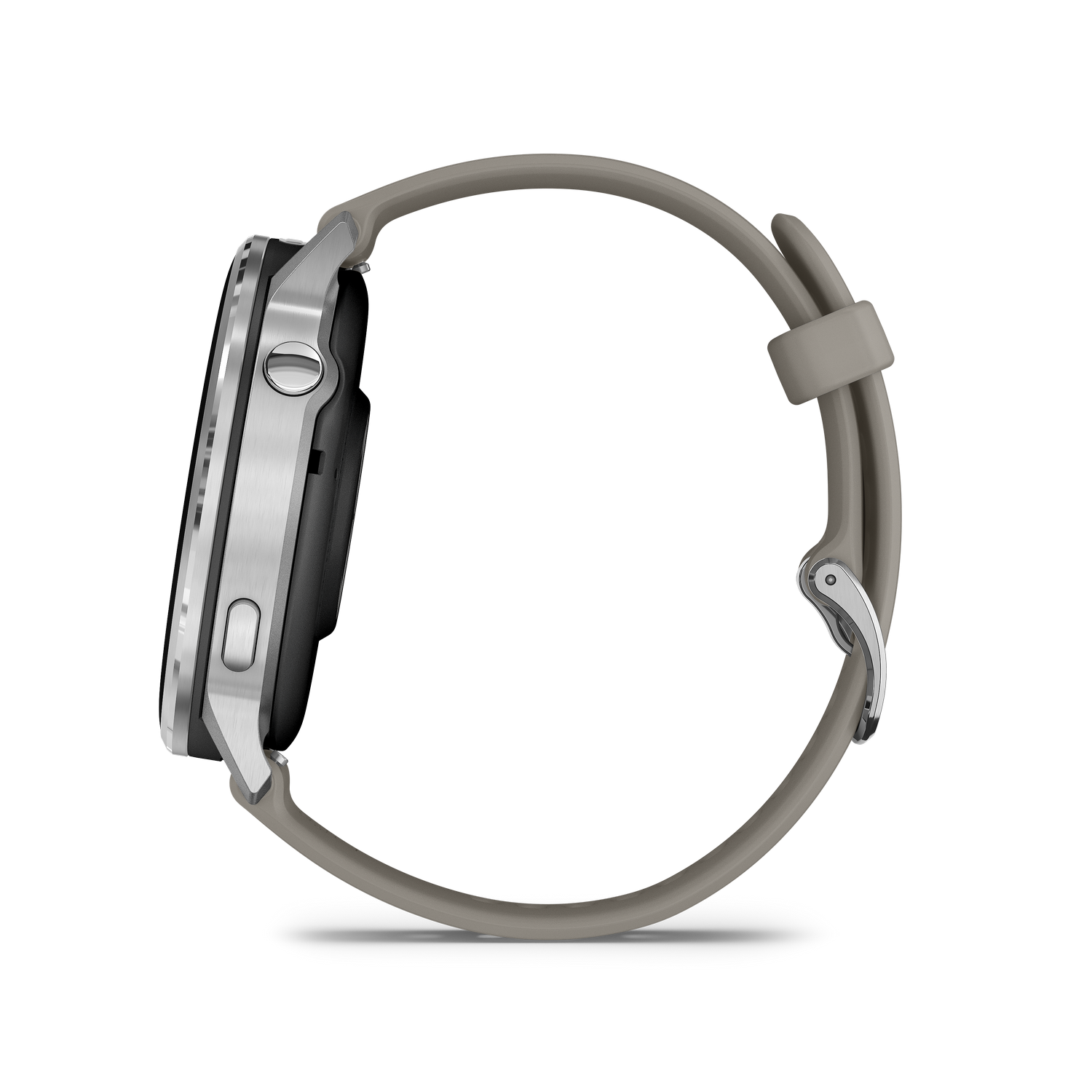 Vista lateral de un reloj inteligente con caja plateada y correa gris. El reloj está sobre un fondo gris.