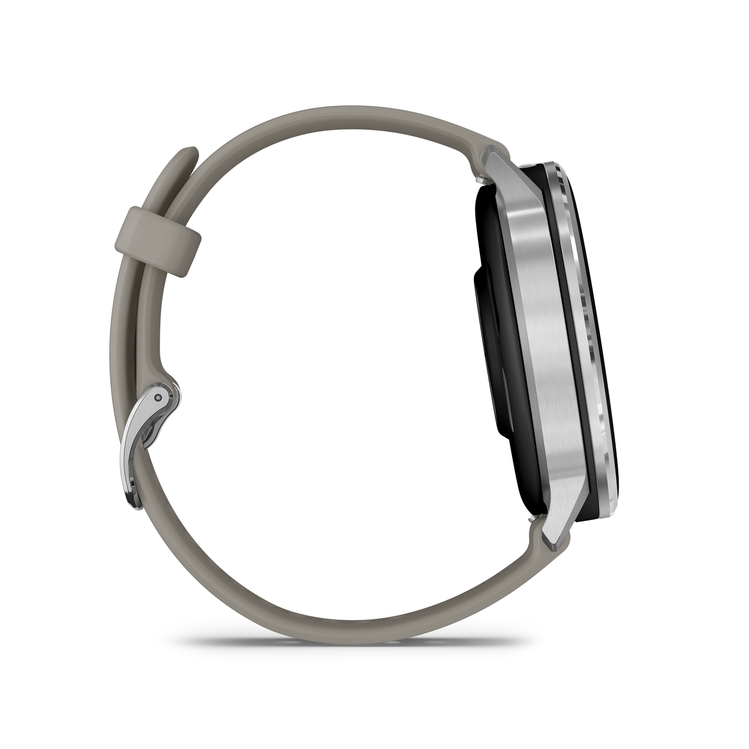 Vista lateral de un reloj inteligente con marco plateado, pantalla negra y correa gris. El reloj está sobre fondo gris.