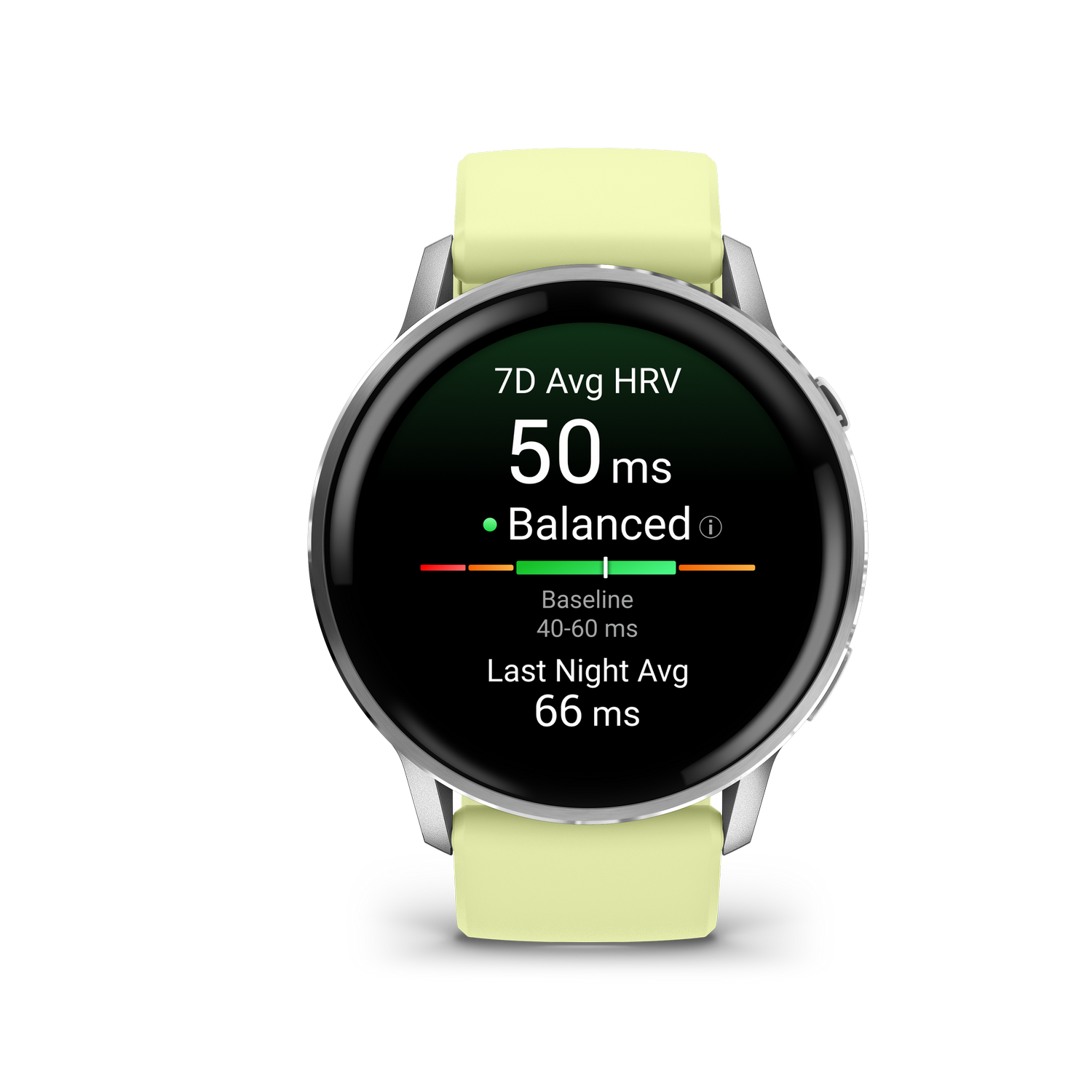 Un reloj inteligente muestra datos de VFC: 50ms, equilibrado. El reloj tiene un marco plateado, correa amarilla y pantalla negra. Fondo gris.