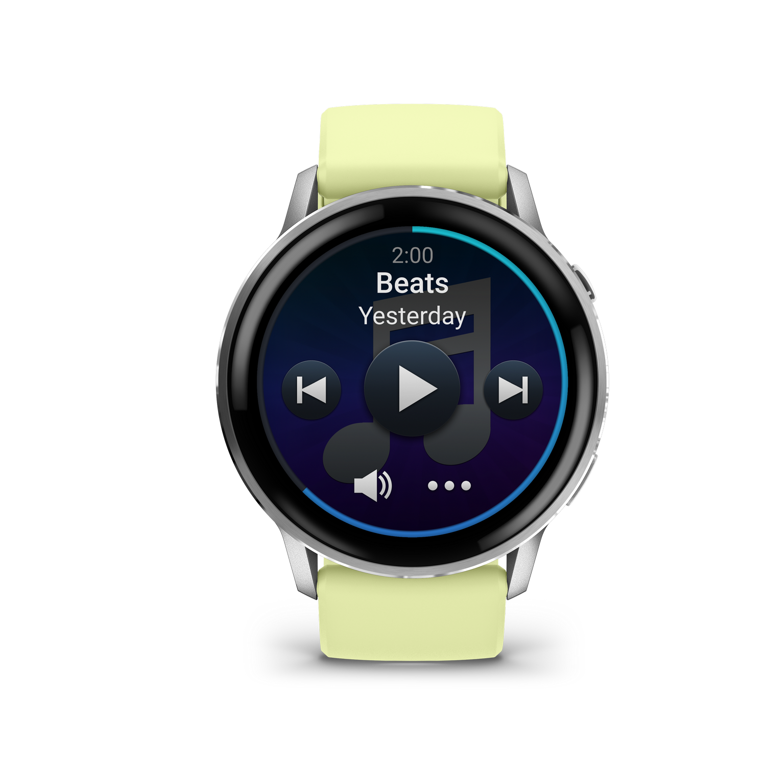Un reloj inteligente muestra controles de música. La pantalla muestra 'Beats' y un botón de reproducción. El reloj tiene una correa amarilla clara y un marco plateado.