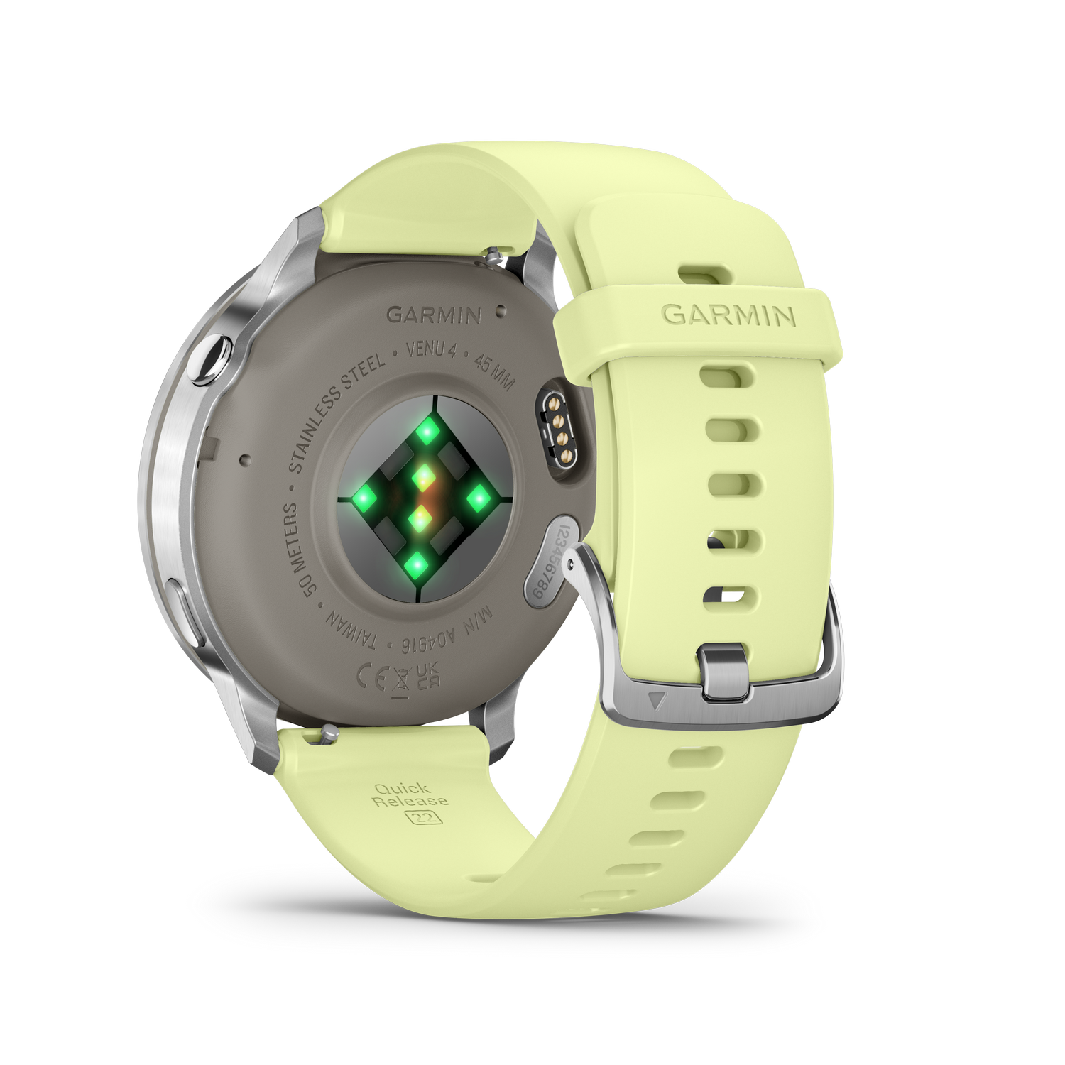 La parte trasera de un reloj inteligente Garmin Venu 4. Tiene una correa amarilla, una caja de acero inoxidable y un sensor de frecuencia cardíaca.