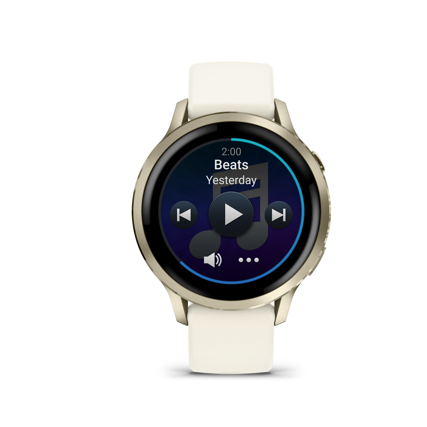 Un reloj inteligente muestra controles de música. La pantalla muestra 'Beats Yesterday' reproduciendo. El reloj es dorado con correa blanca.