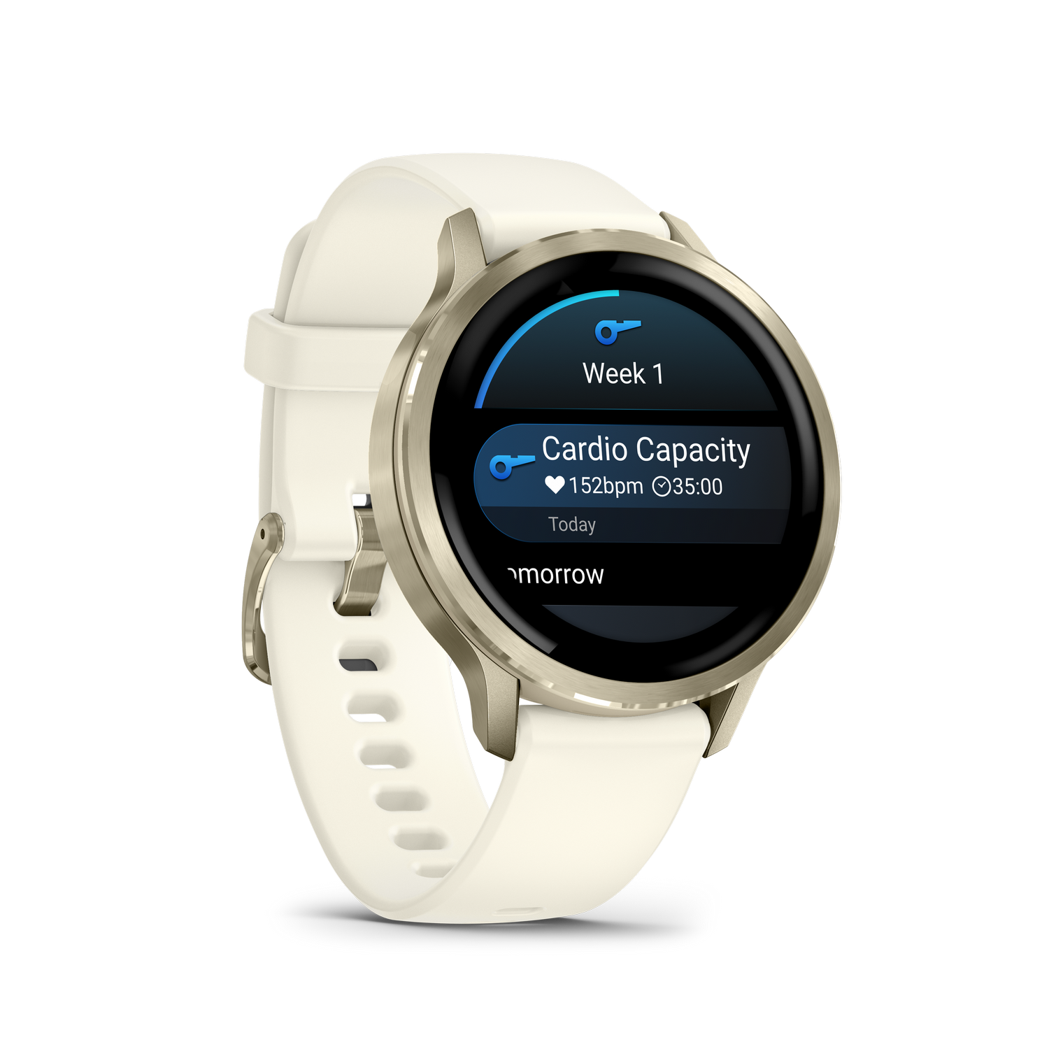 Un reloj inteligente con correa color crema y caja dorada. La pantalla muestra datos de seguimiento de fitness.