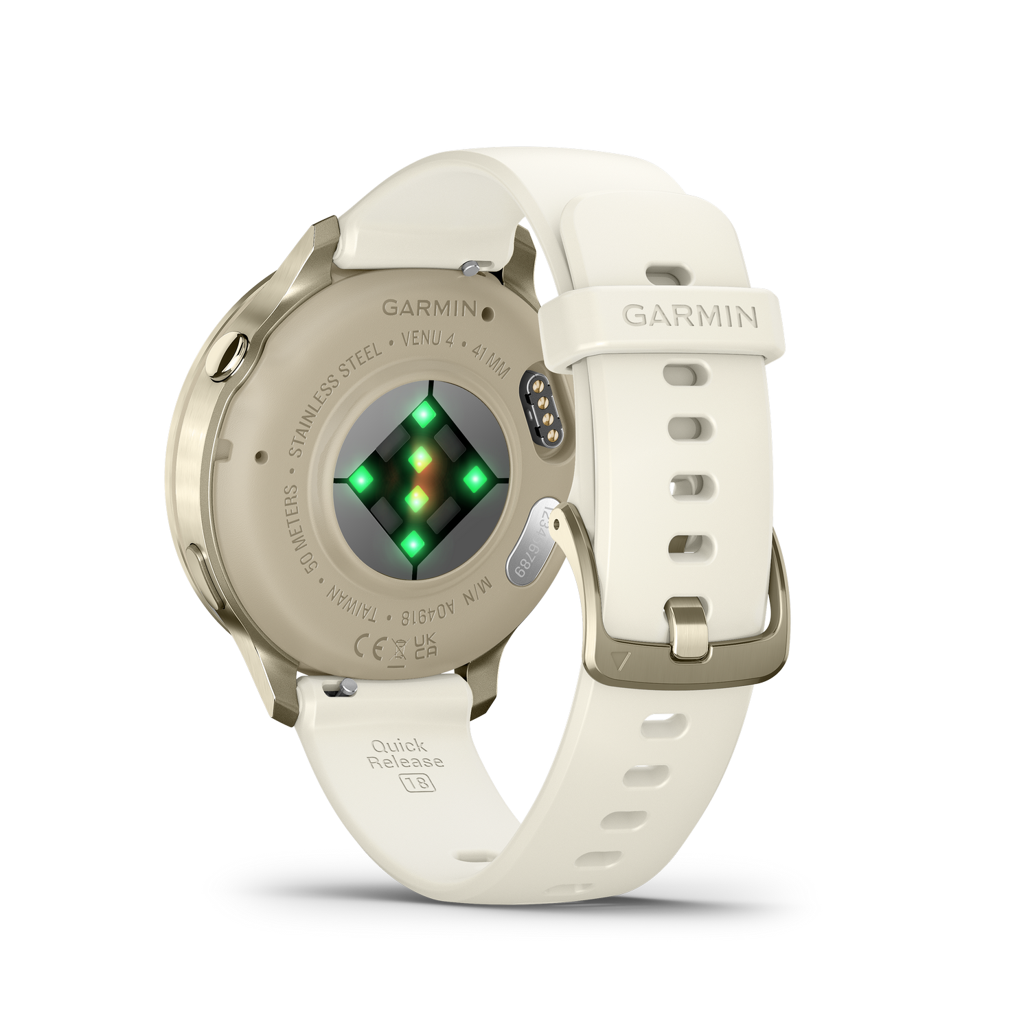 Parte trasera del smartwatch Garmin Venu 4 crema, mostrando sensores, correa, hebilla y detalles de la marca sobre fondo gris.