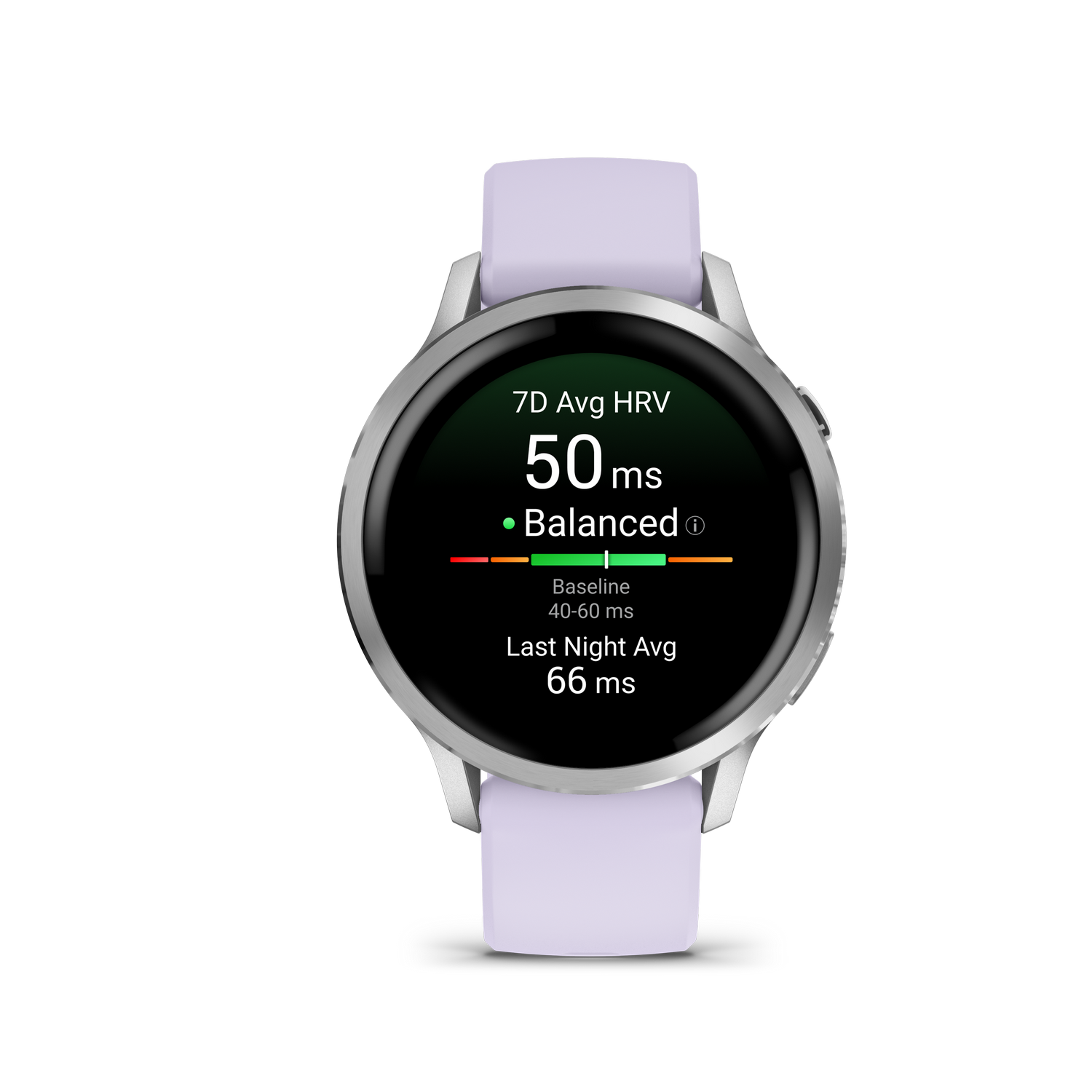 Un reloj inteligente muestra métricas de salud. Muestra 50 ms de HRV, estado 'Equilibrado' y datos de referencia. El reloj tiene una correa lavanda.