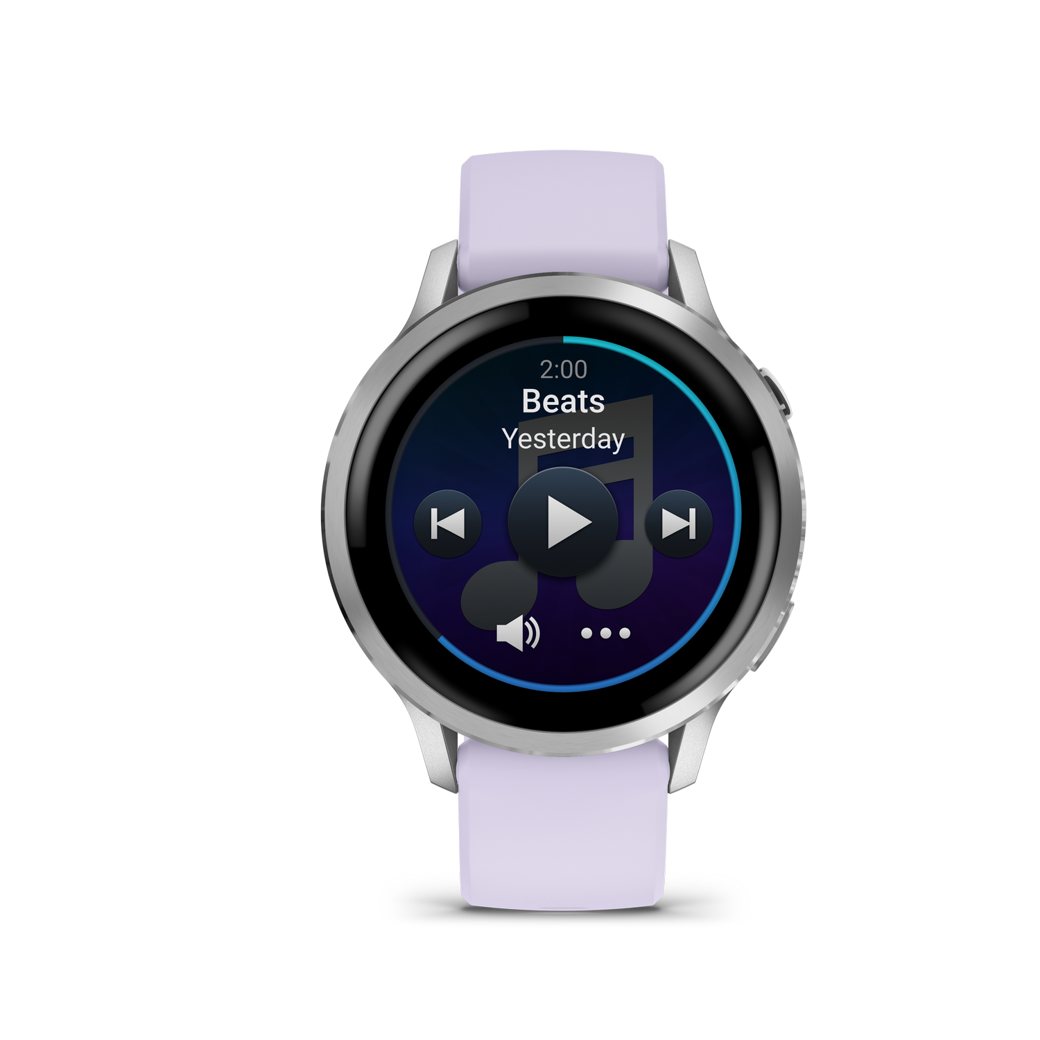 Un reloj inteligente con una banda púrpura muestra una interfaz de reproductor de música. La pantalla muestra 'Beats' y controles de reproducción sobre fondo oscuro.
