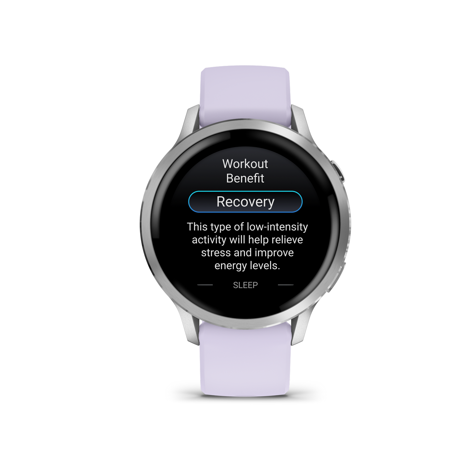 Un smartwatch muestra 'Workout Benefit' y 'Recovery'. La pantalla detalla la actividad para aliviar el estrés y mejorar los niveles de energía.