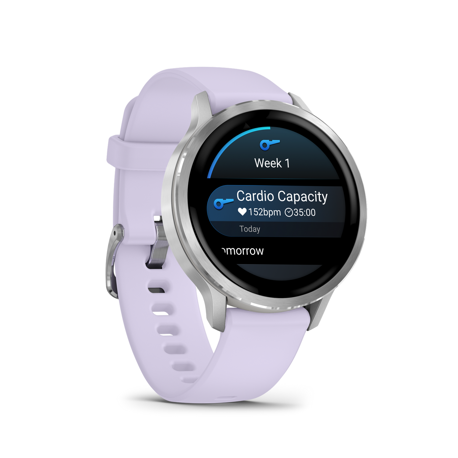 Un reloj inteligente lavanda muestra 'Cardio Capacity' con frecuencia cardíaca y tiempo. El reloj tiene un bisel plateado y correas lavanda.