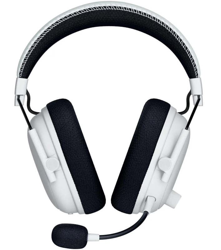 Weißes und schwarzes Gaming-Headset. Es hat ein Mikrofon, Ohrmuscheln und ein Kopfband. Die Ohrmuscheln sind schwarz und das Kopfband ist gepolstert.