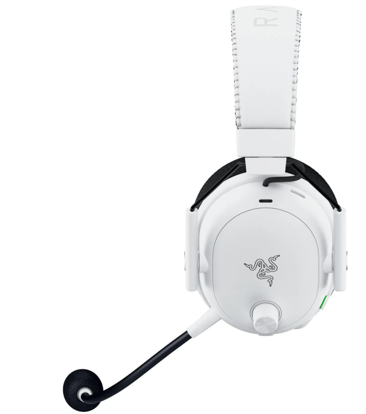 Weißes Razer-Gaming-Headset mit schwarzem Mikrofon. Das Headset hat ein Razer-Logo und eine Lautstärkeregelung.
