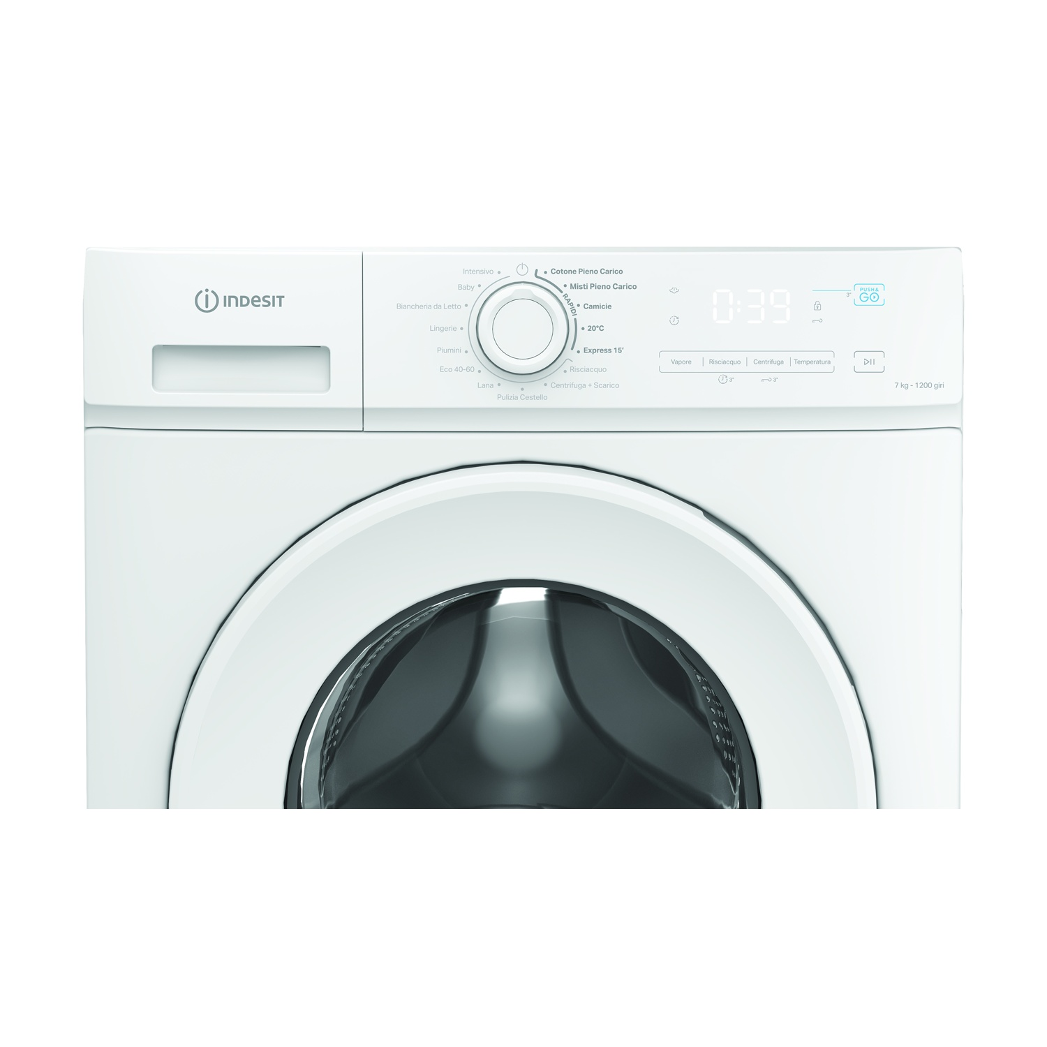 Una lavatrice Indesit bianca. Il pannello di controllo mostra varie opzioni di lavaggio, un timer digitale a 0:39 e uno sportello.