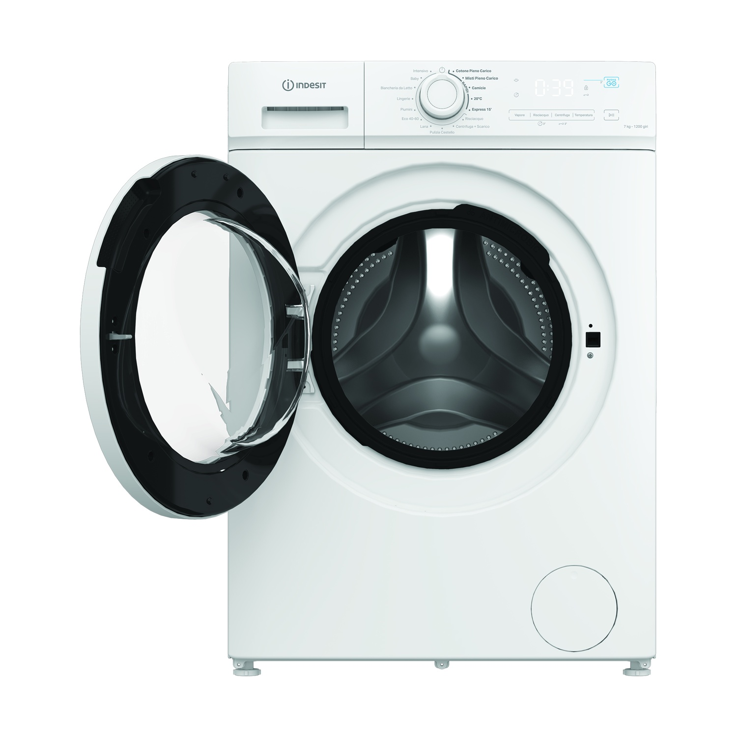 Lavatrice Indesit bianca, porta aperta, tamburo visibile. Pannello comandi e quadrante in alto.