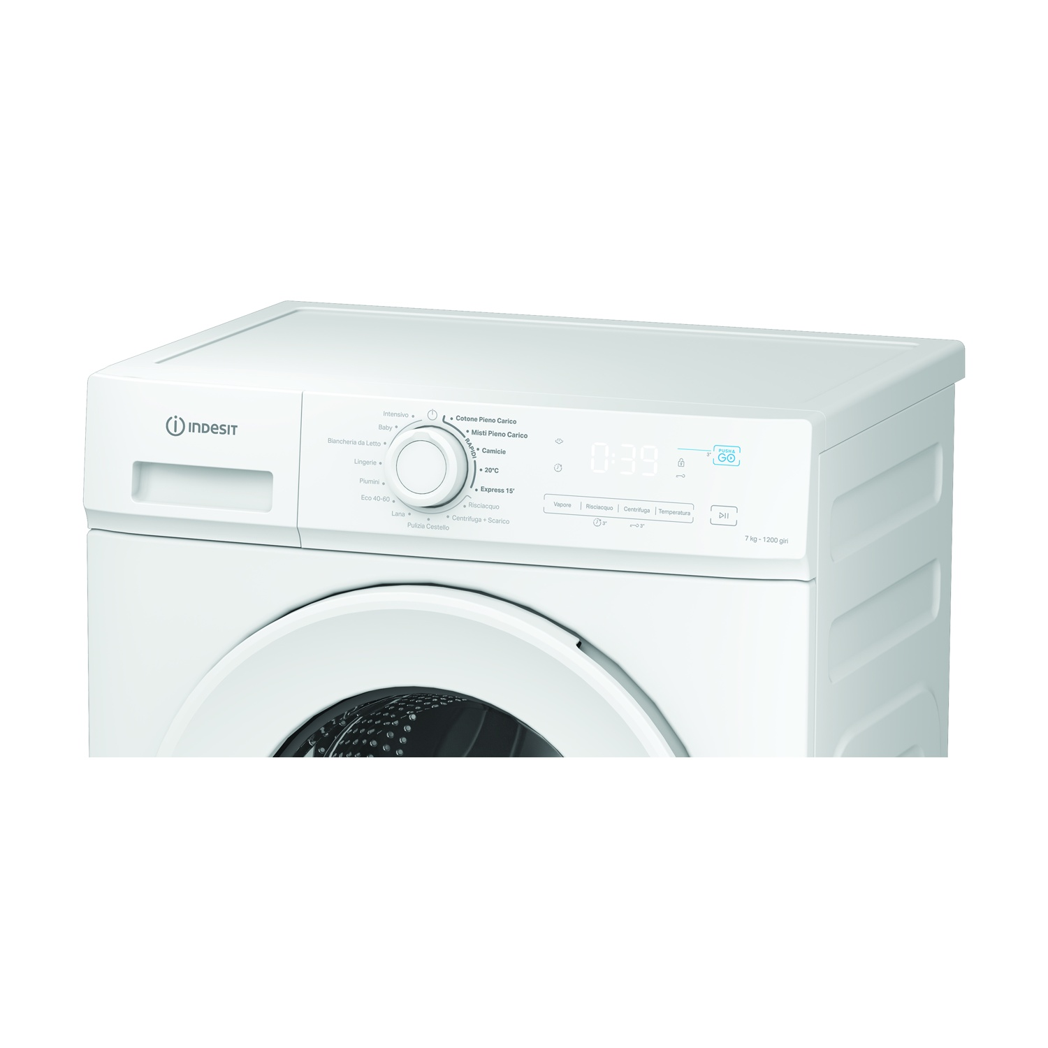 Un'asciugatrice Indesit bianca. Ha un pannello di controllo con impostazioni, un display digitale con l'ora e una porta rotonda.