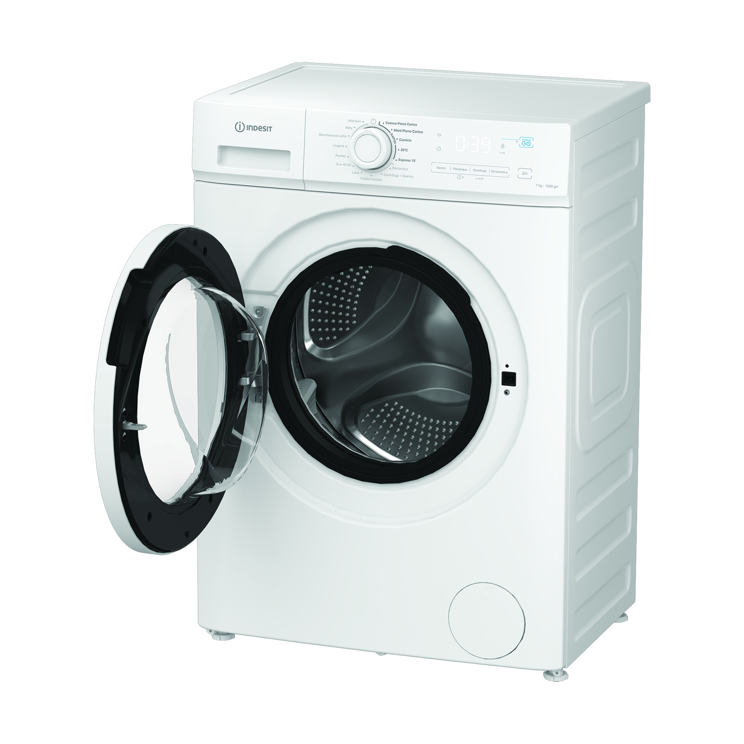 Una lavatrice Indesit bianca con la porta aperta. Comandi e display visibili. Il cestello è vuoto.