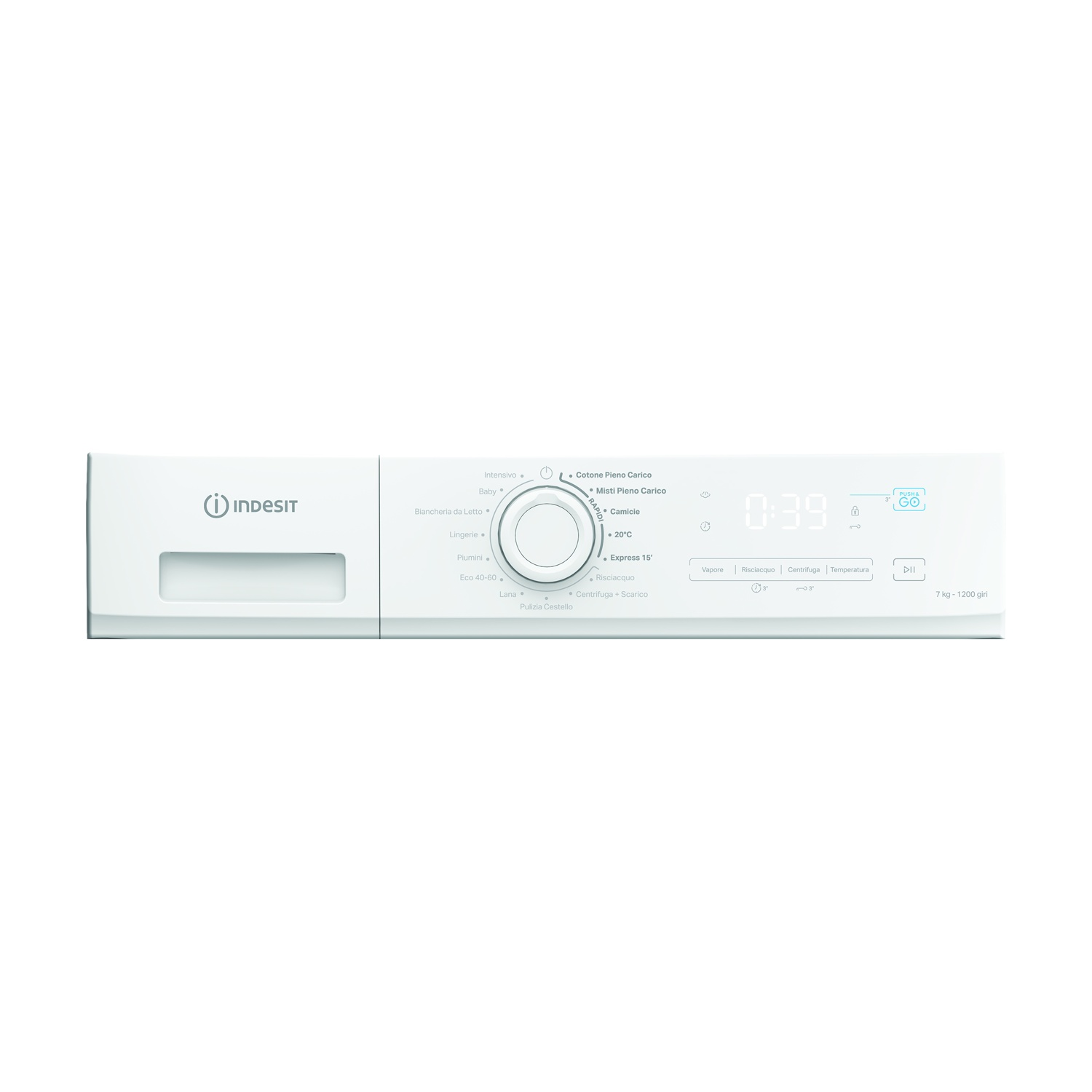 Pannello comandi bianco lavatrice Indesit, opzioni programmi, display digitale e pulsante avvio.