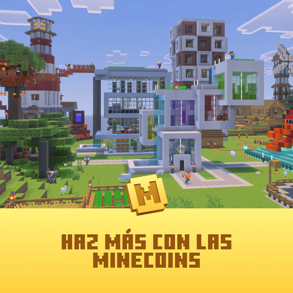 Escena de Minecraft con edificios, un faro y una moneda de oro. El texto dice 'Haz Más Con Las Minecoins'.