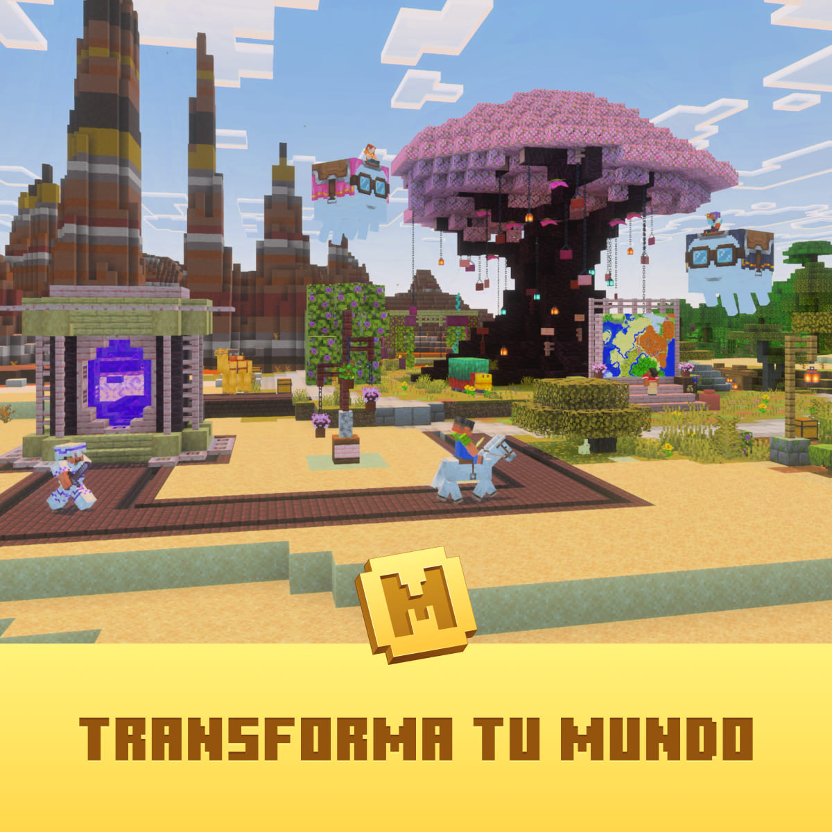 Escena de Minecraft con entidades flotantes, un portal, un mapa y una persona montando a caballo. El texto dice 'TRANSFORMA TU MUNDO'.