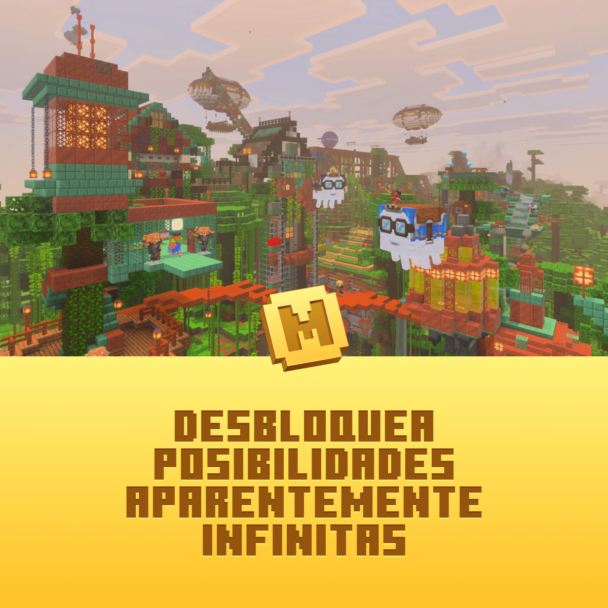 Una ciudad colorida estilo Minecraft con islas flotantes y dirigibles. El texto dice "Desbloquea posibilidades aparentemente infinitas".
