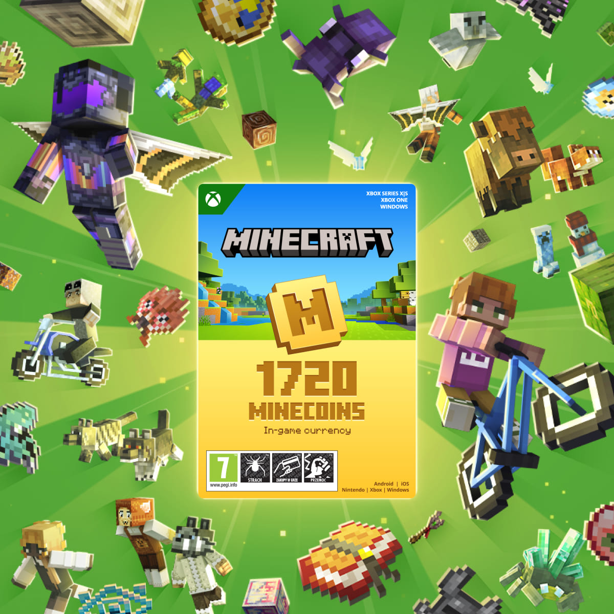Portada del juego Minecraft Minecoins: 1720 coins. Se muestran personajes de fondo con varias figuras pixeladas.