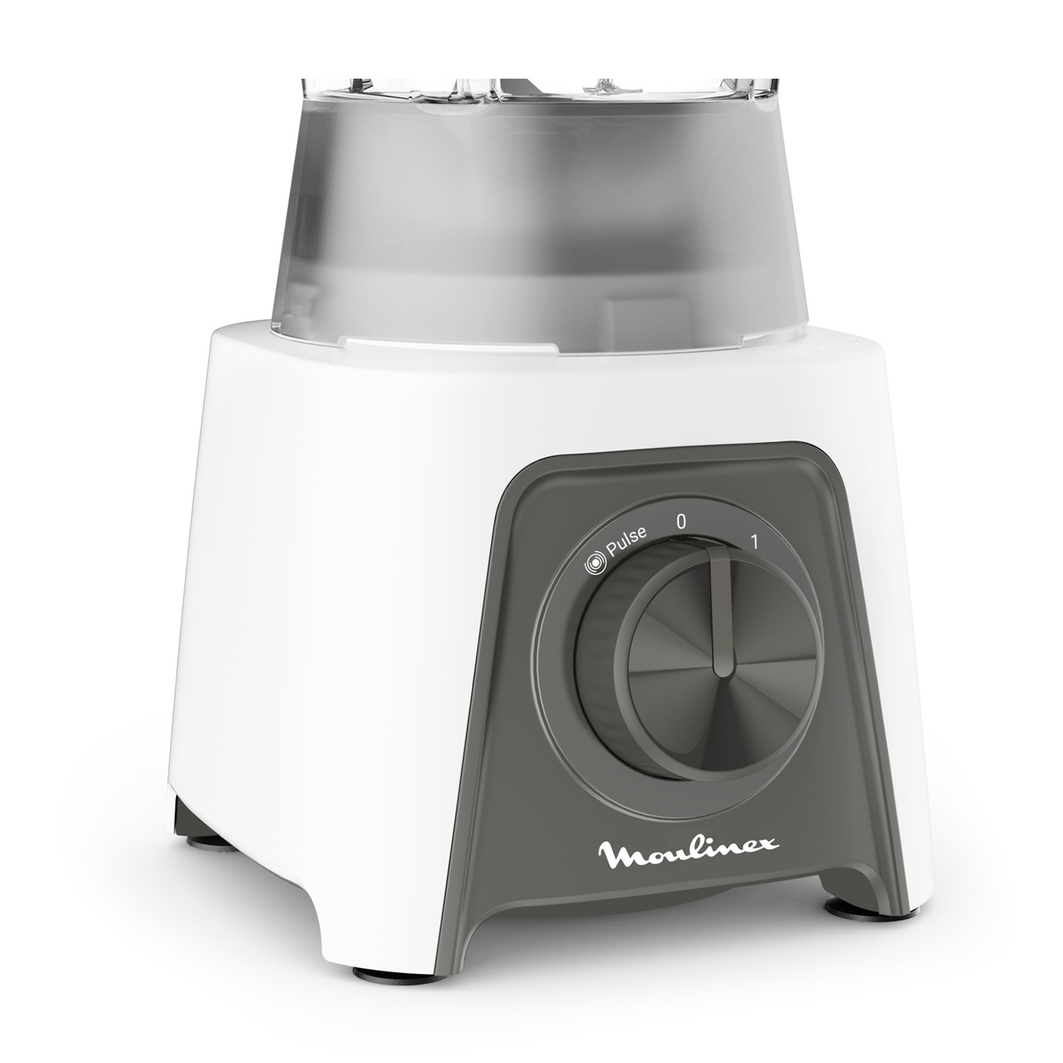 Un robot da cucina Moulinex bianco e grigio. Ha un coperchio in plastica trasparente e un quadrante di controllo.