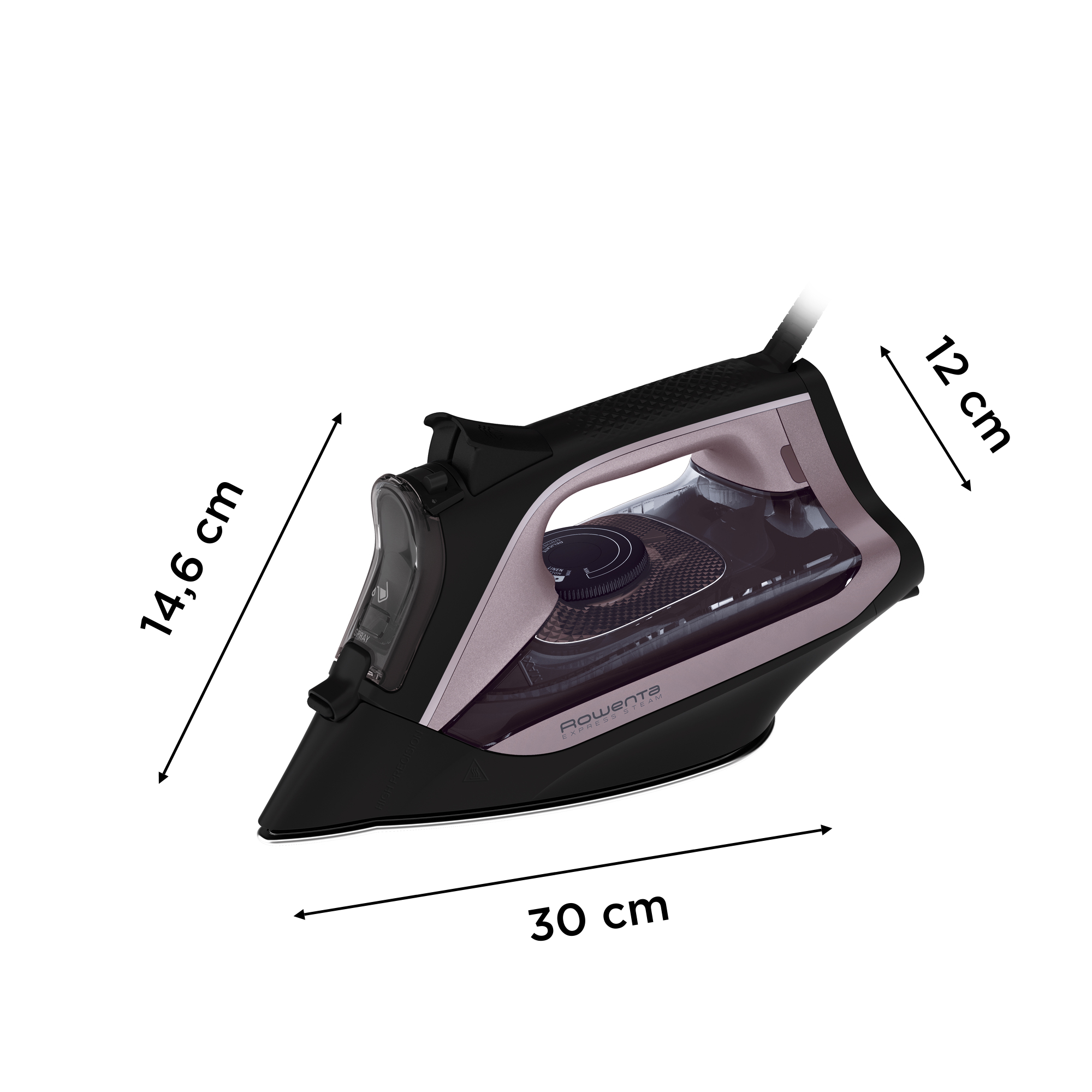 Egy fekete-rózsaszín Rowenta vasaló. Méretek: 30 cm hosszú, 14,6 cm magas és 12 cm széles. A vasaló fehér háttéren van.