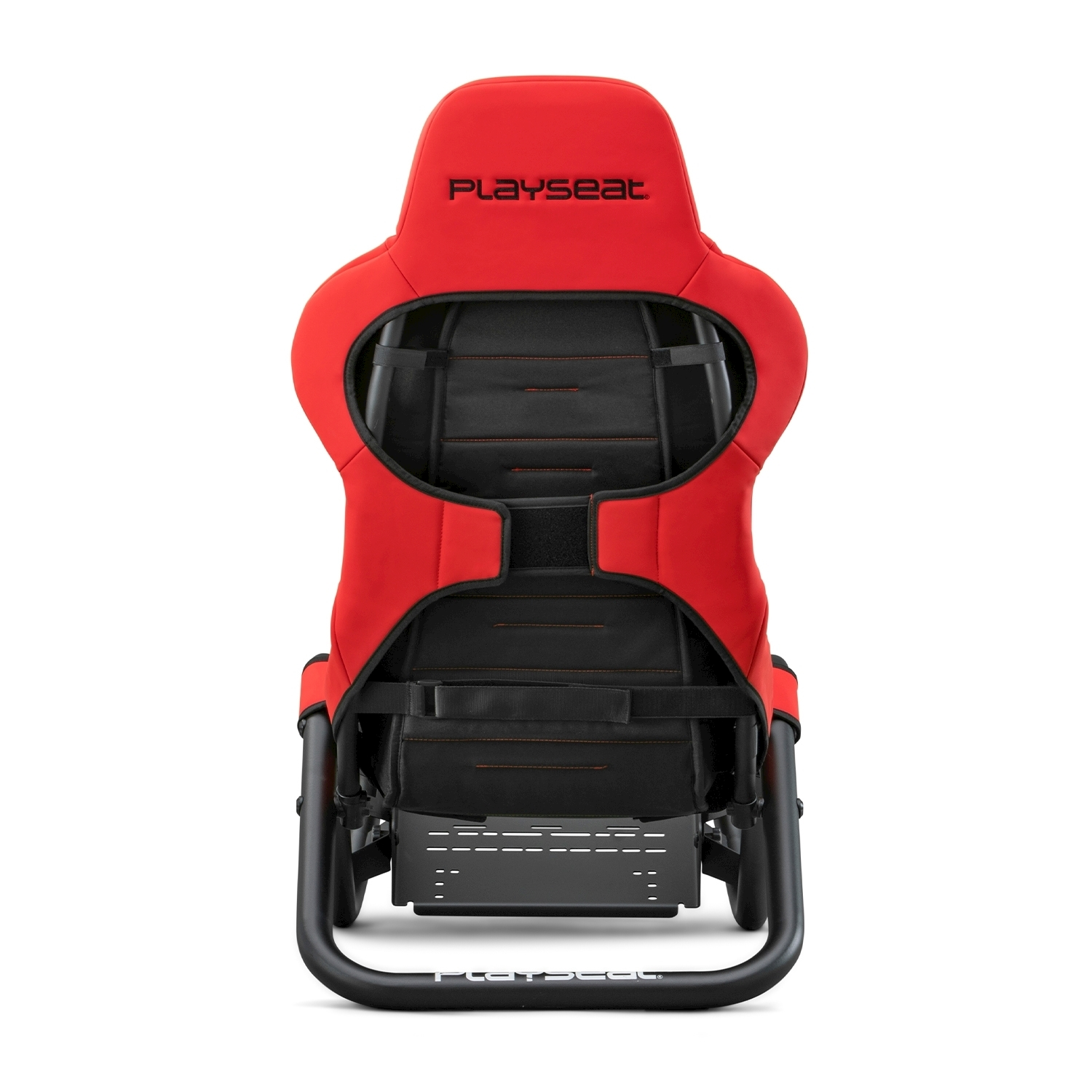 Sedia da gaming Playseat rossa e nera, vista posteriore. La sedia ha poggiatesta e schienale rossi, seduta e telaio neri, e il logo Playseat.