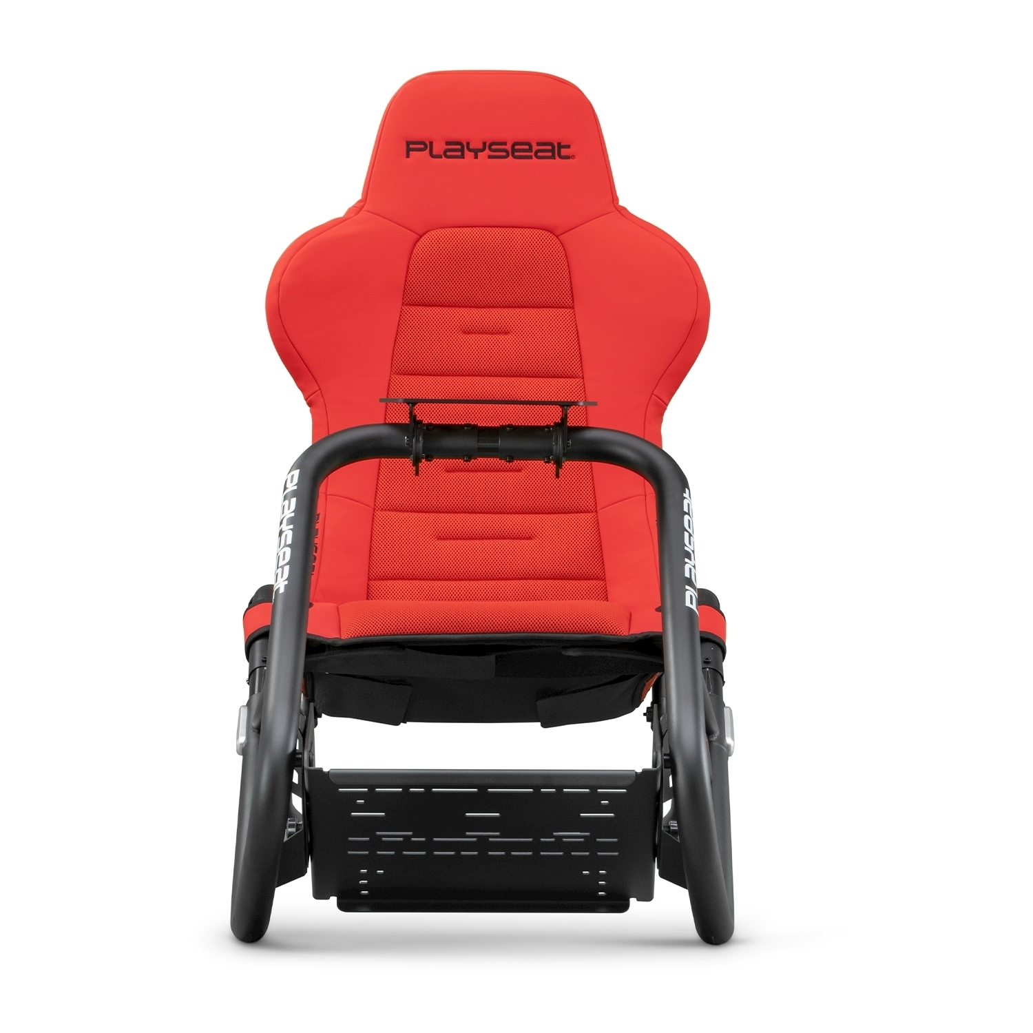 Sedia da corsa Playseat rossa su sfondo bianco. Struttura nera e logo Playseat sul poggiatesta.