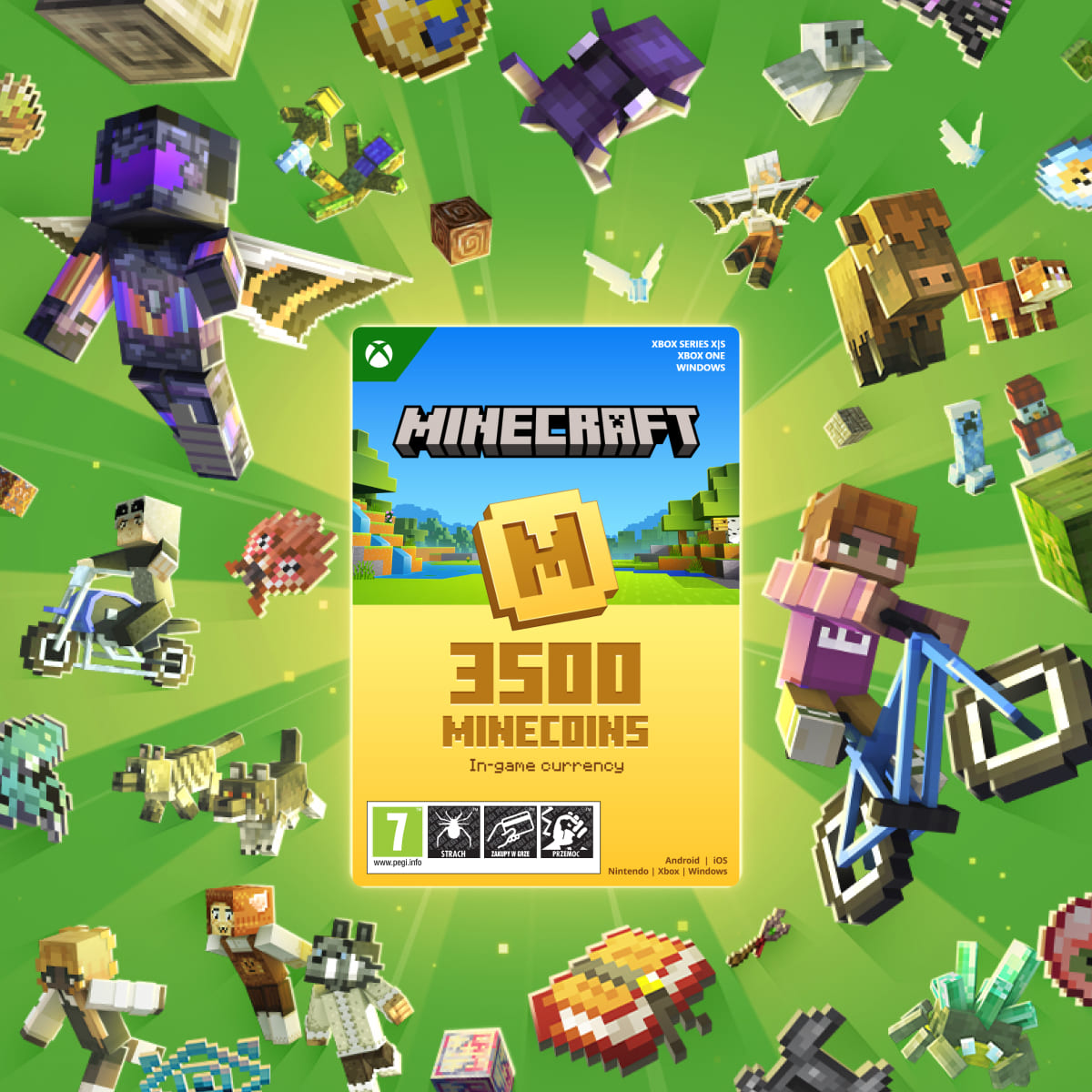 Portada del juego Minecraft Minecoins: 3500 coins. Se muestran personajes de fondo con varias figuras pixeladas.