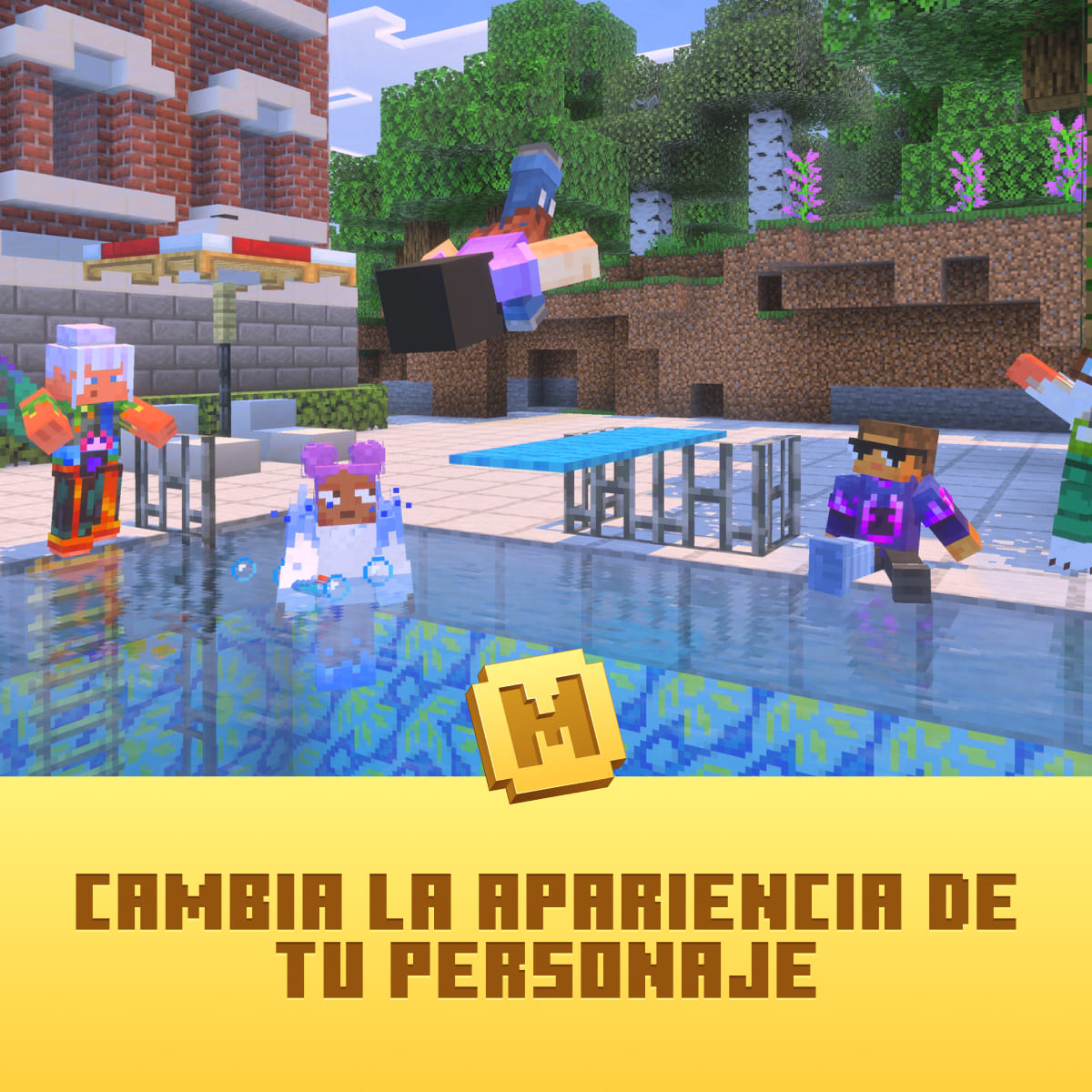Personajes de Minecraft en piscina. Uno salta, otros se quedan. Edificio y árboles al fondo. El texto dice "Cambia la apariencia de tu personaje".