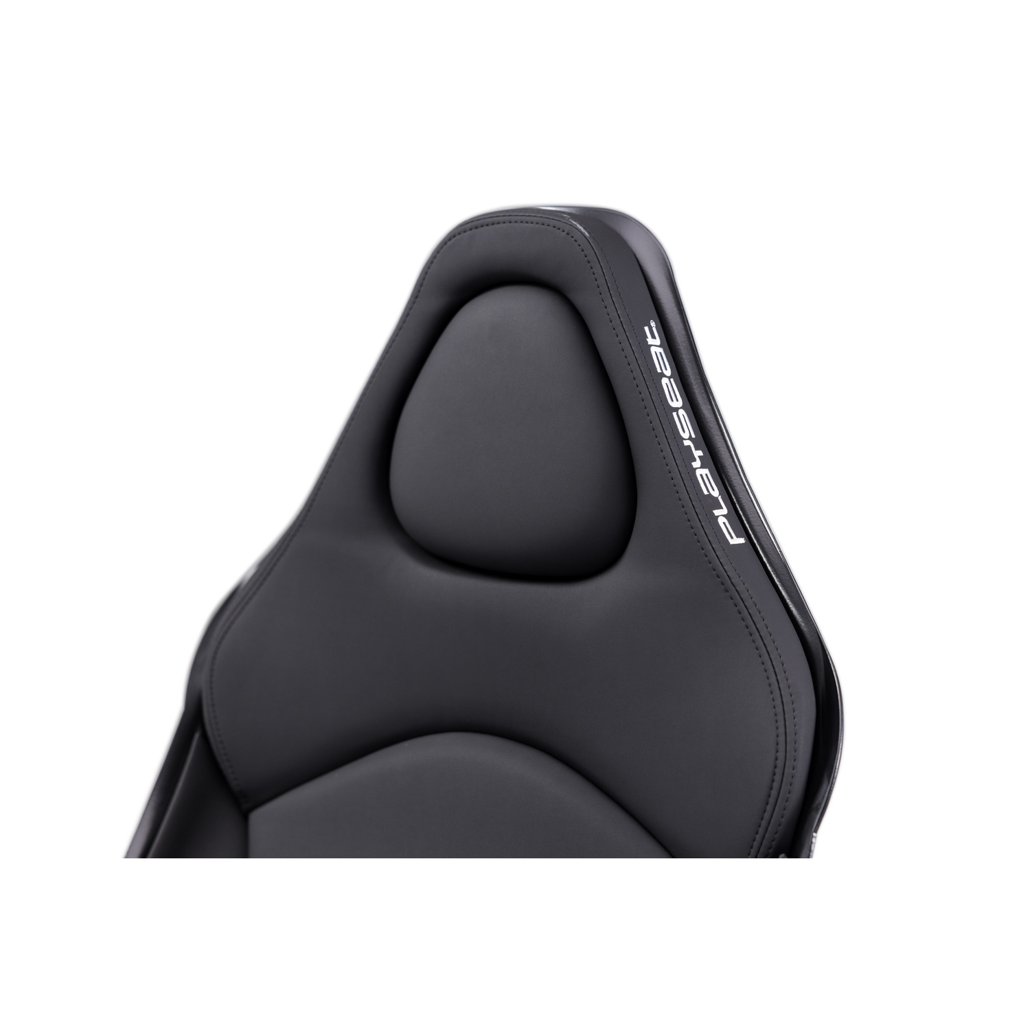 Primo piano del poggiatesta nero di una sedia da gioco. Il logo Playseat è visibile. Lo sfondo è bianco.