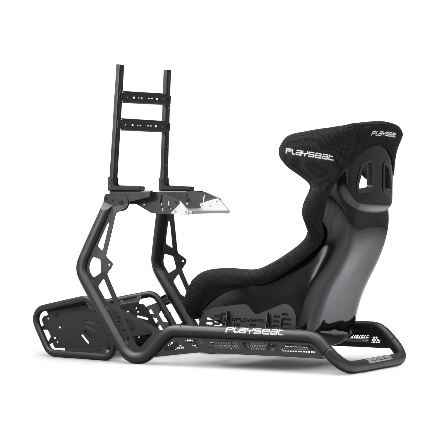 Una sedia nera per simulatore di corse Playseat. Ha un sedile, uno schienale e un telaio. Il logo Playseat è visibile.