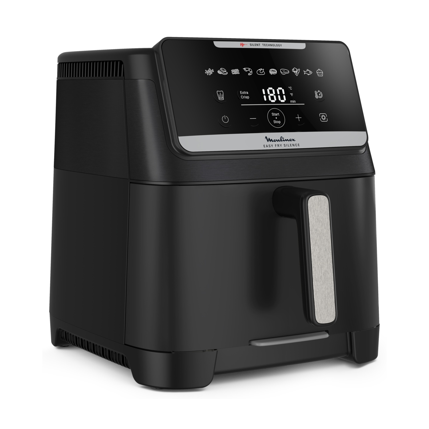 Friggitrice ad aria nera Moulinex Easy Fry Silence. Il display digitale mostra 180°C. Funzioni: avvio/arresto, extra croccante e tecnologia silenziosa.