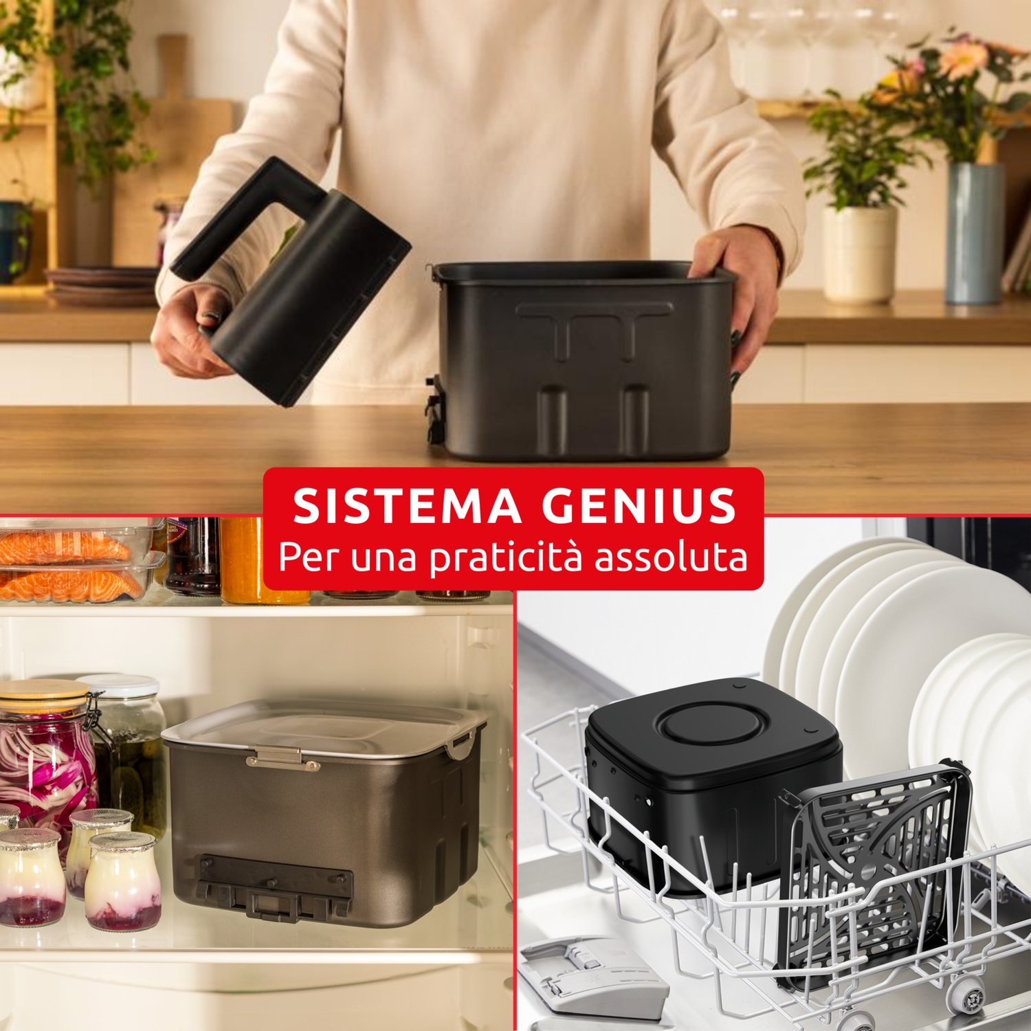 Una persona tiene in mano un componente nero di un elettrodomestico da cucina. Altri componenti sono in un frigorifero e in una lavastoviglie. Testo: 'Sistema Genius'.