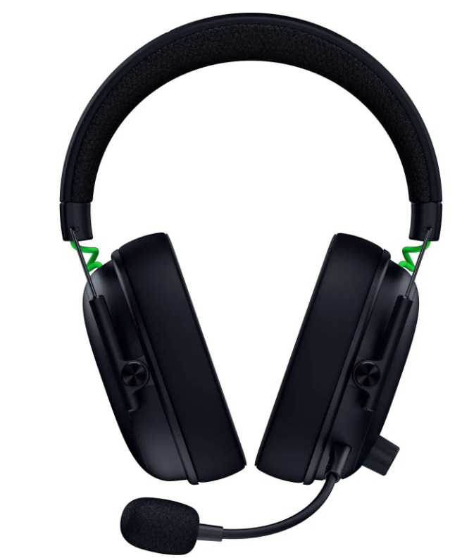 Schwarzes Gaming-Headset mit Mikrofon. Das Headset hat ein gepolstertes Kopfband und Ohrmuscheln. Grüne Akzente sind sichtbar.