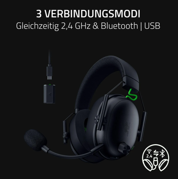 Schwarzes Gaming-Headset mit Mikrofon, USB-Dongle und Konnektivitätssymbolen. Text oben: 3 Verbindungsmodi.